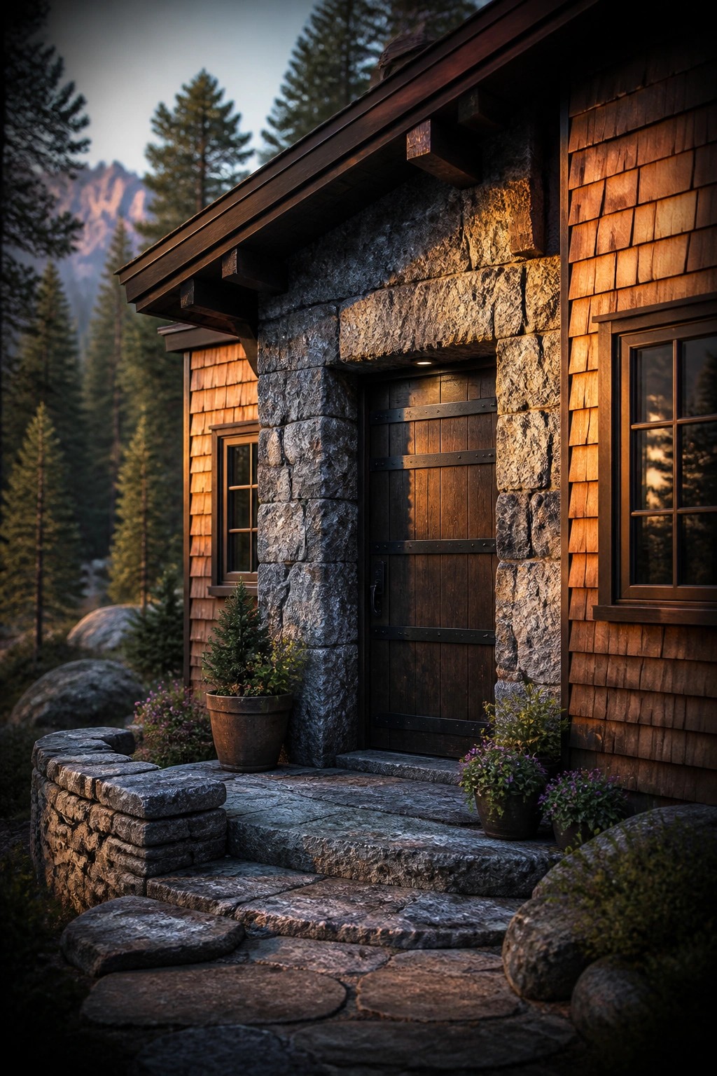 Rustic wooden cabin entrance with stone steps, door, and potted plants amid pine trees