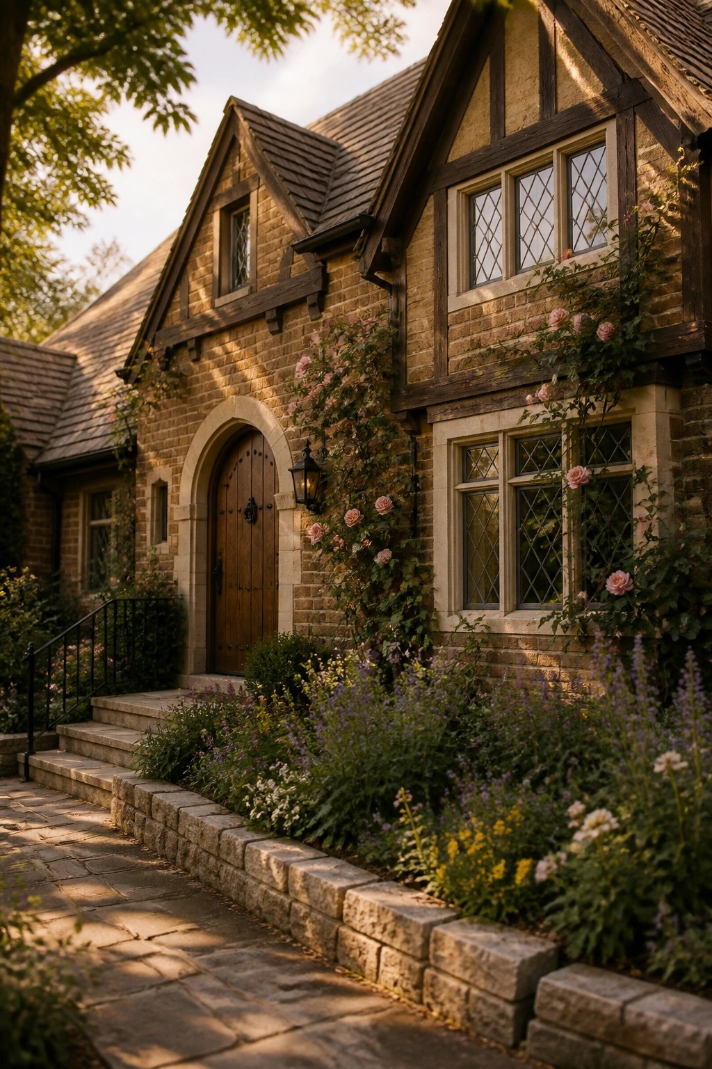 A stone house with dark wood timber framing, an arched wooden door, and climbing pink roses along the front beside a stone path and garden.