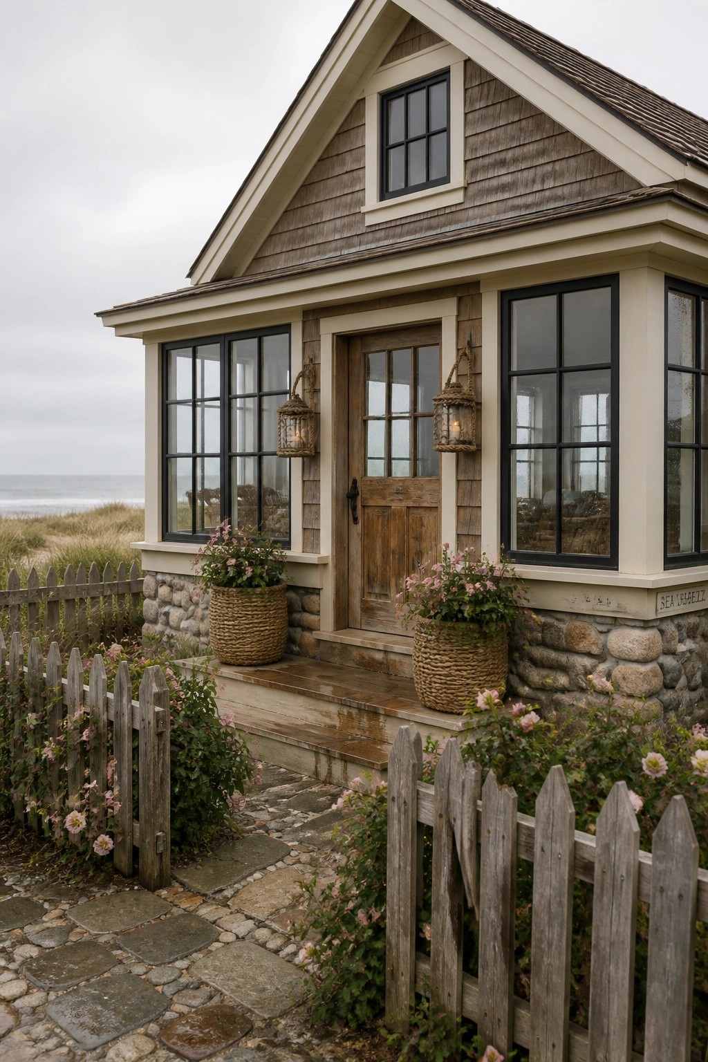 Cozy wooden beach cottage with flower baskets, picket fence, and ocean view