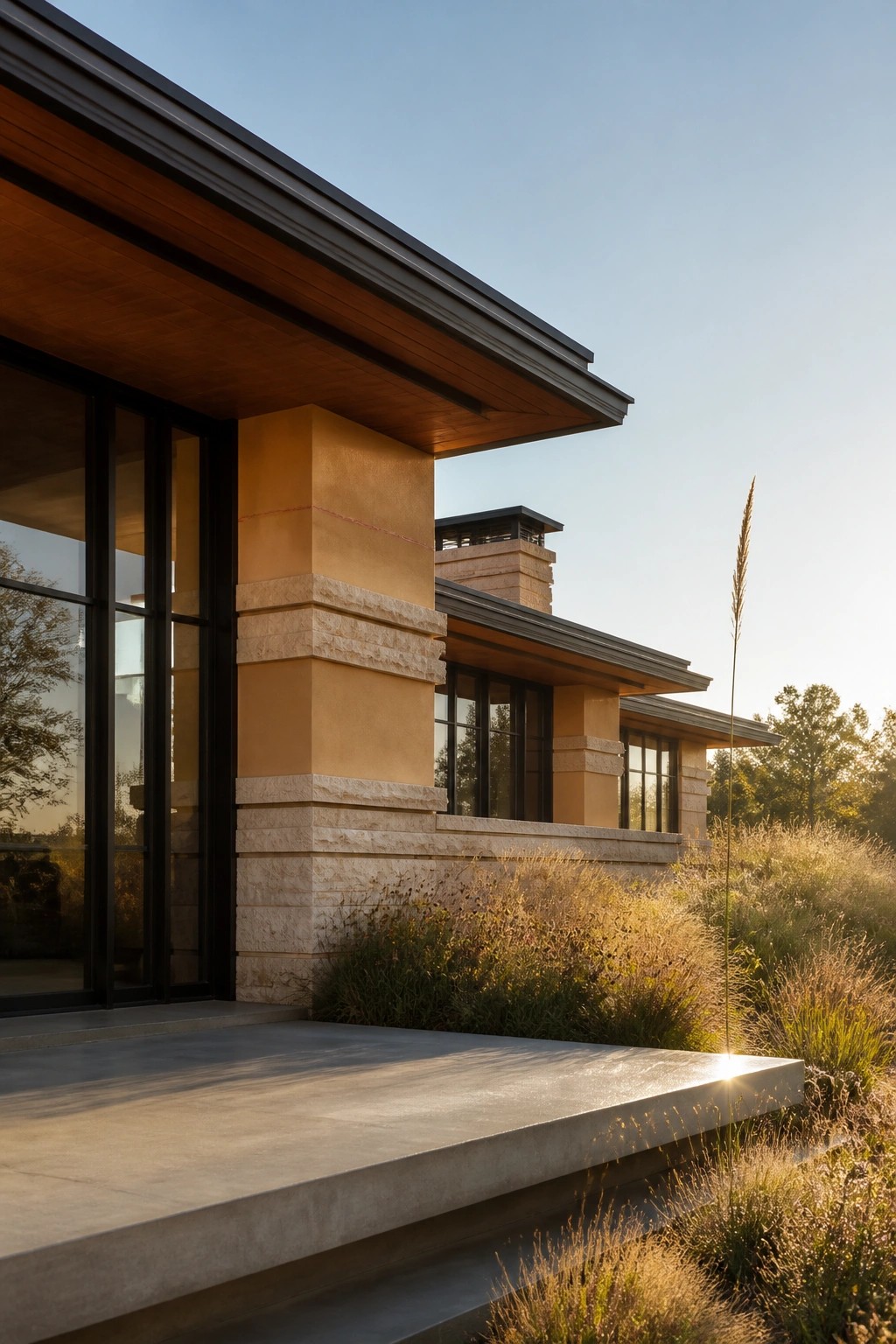 Modern house with stone pillars, wooden eaves, large windows, and sunlit concrete patio