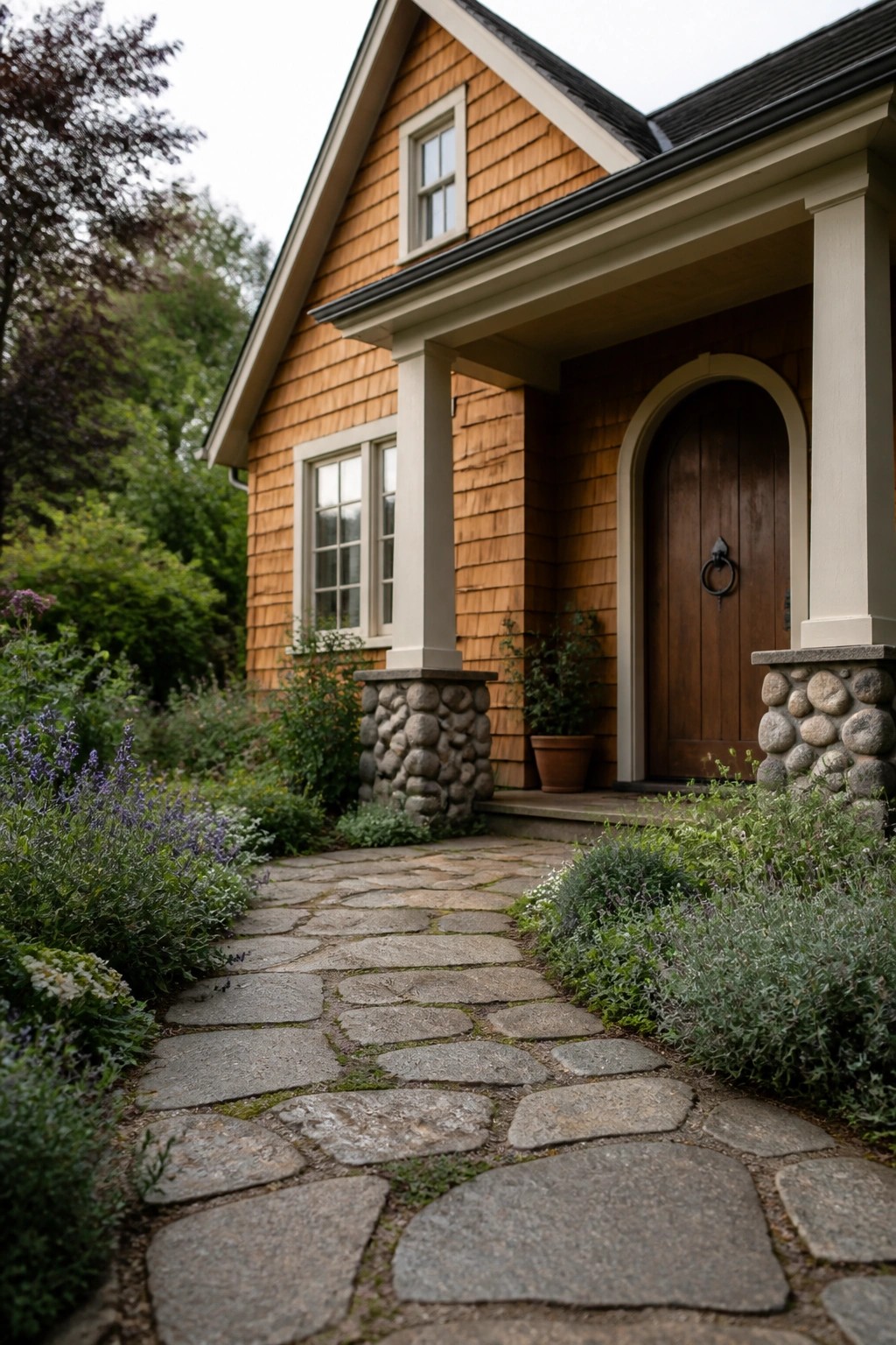 A front view of a wooden shingle house with stone porch columns, an arched wooden door, and a stone pathway lined with garden plants.