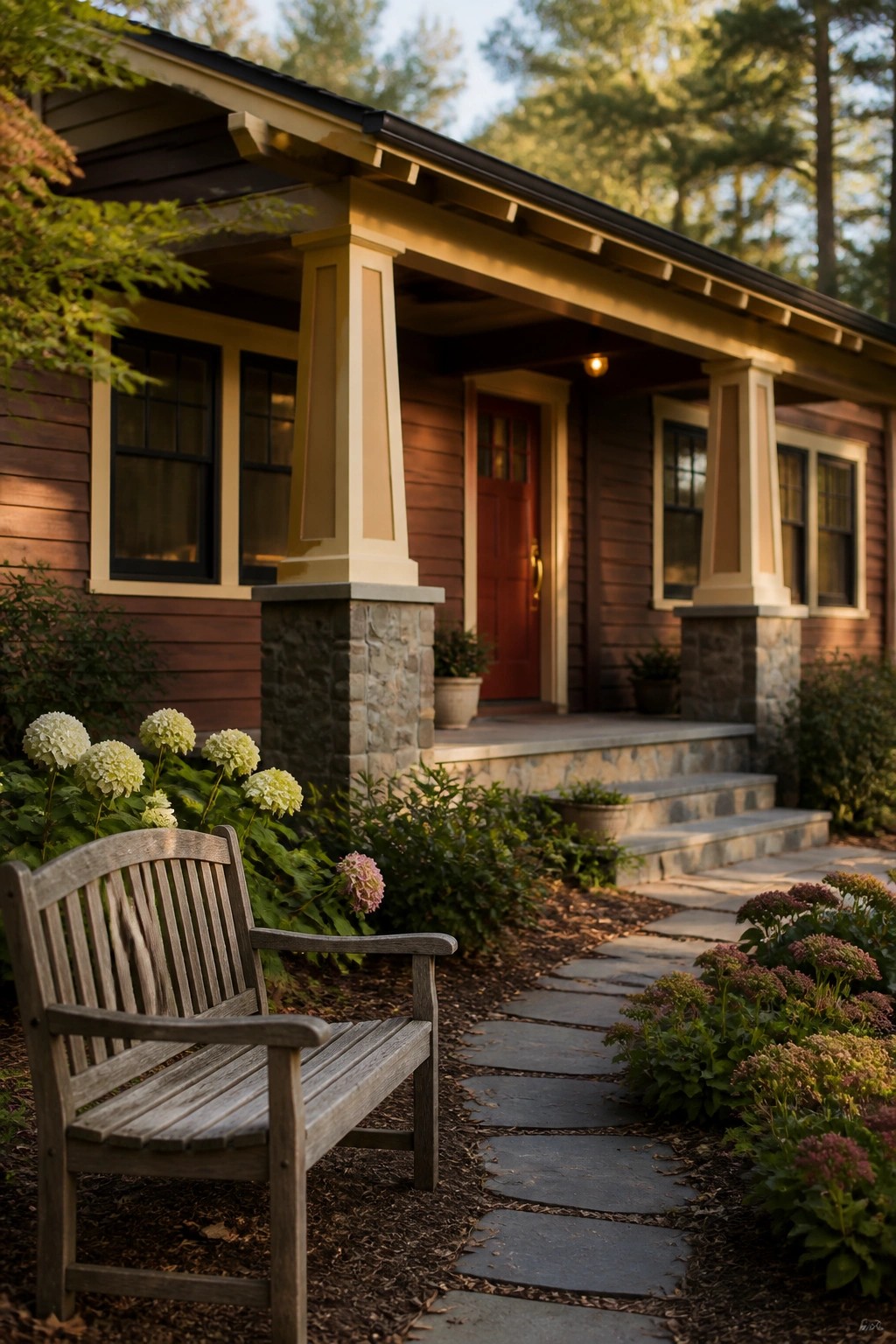A front view of a brown wooden house with beige trim, stone-based porch columns, a red door, and a wooden bench beside a stone path lined with green and white plants.