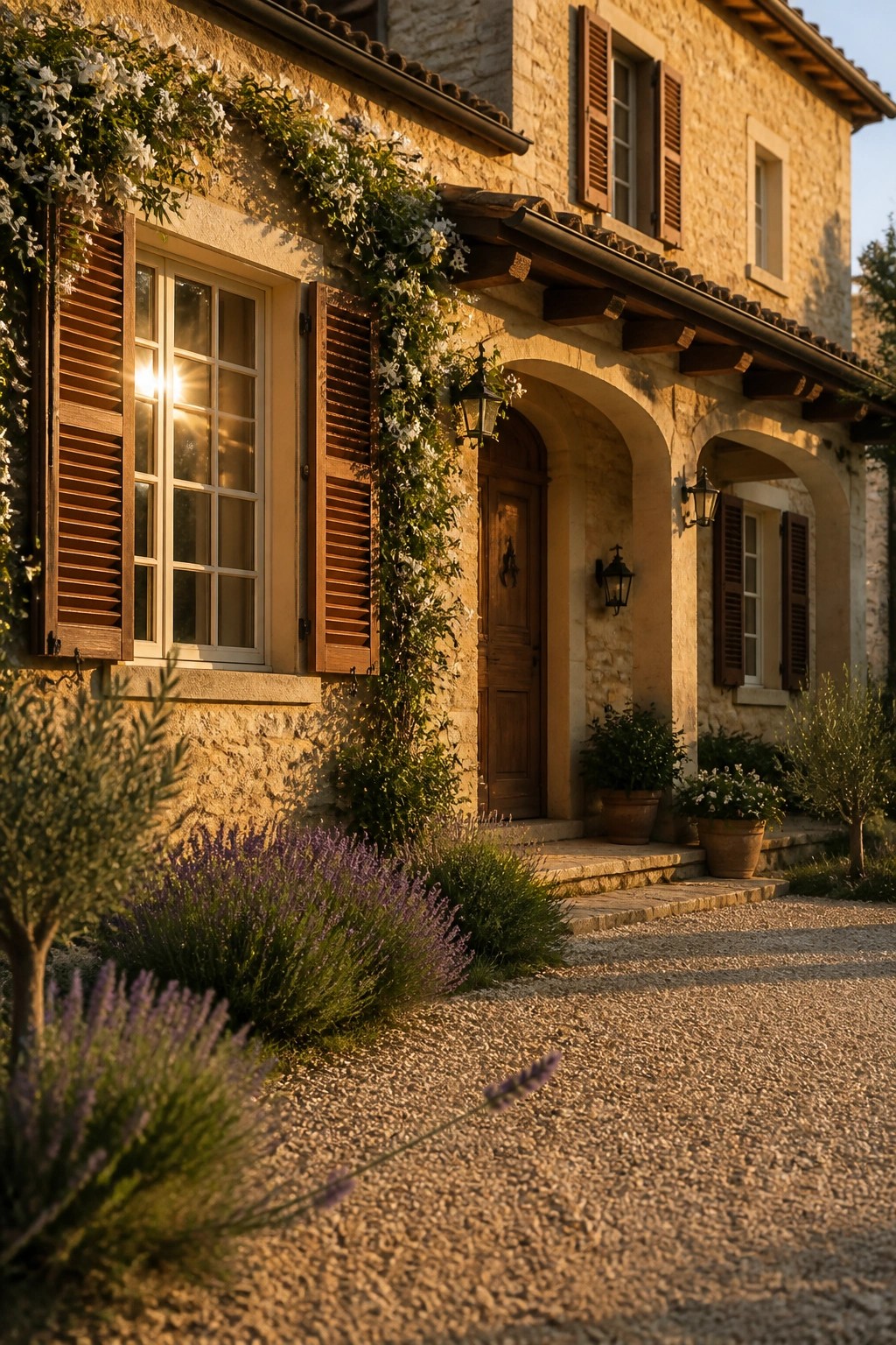 A stone house exterior featuring brown wooden shutters and a wooden door, with climbing vines bearing white flowers along the facade and a gravel path in the foreground.
