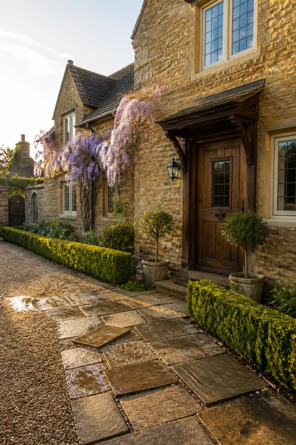 Stone cottage entrance with wooden door, blooming wisteria, and flagstone path.