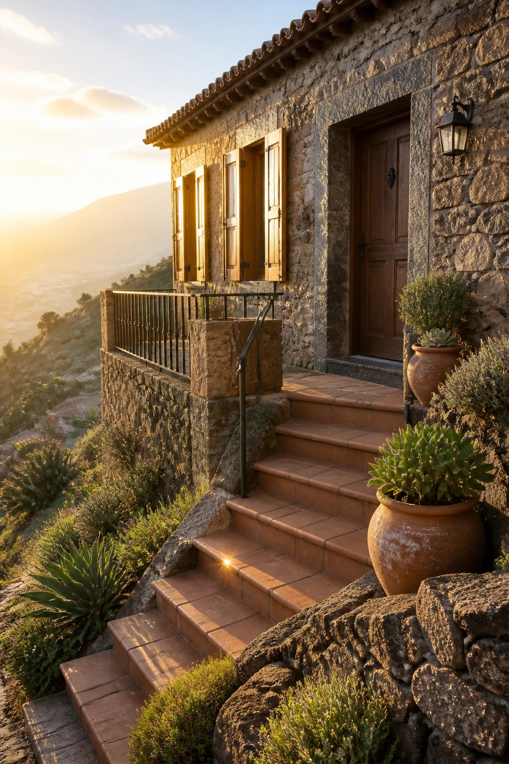 Stone house with terracotta stairs, wooden door, shutters, and potted plants at sunset.