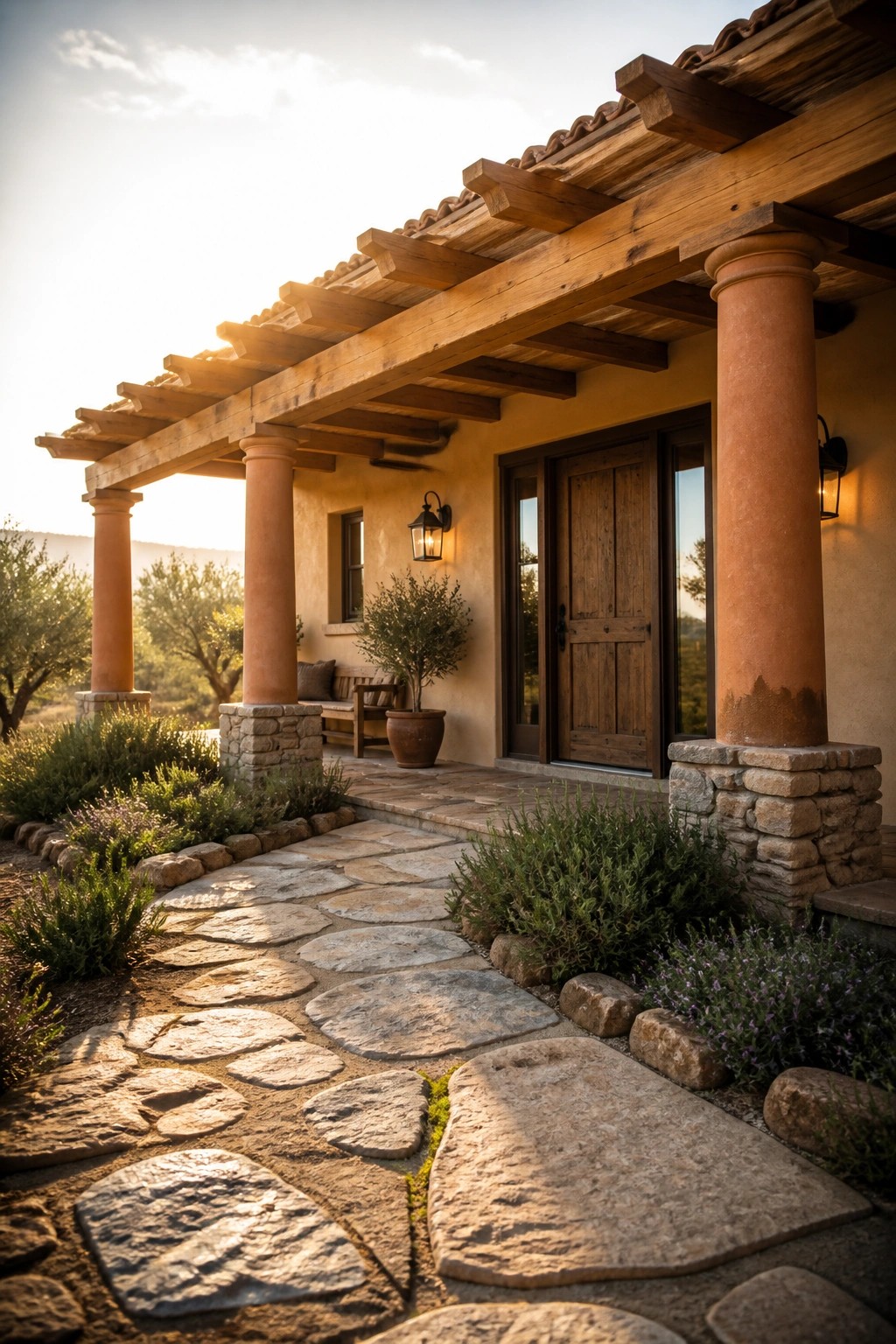 A stucco house exterior with terracotta columns on stone bases, a wooden beam porch, a wooden door, and a stone pathway lined with low shrubs.
