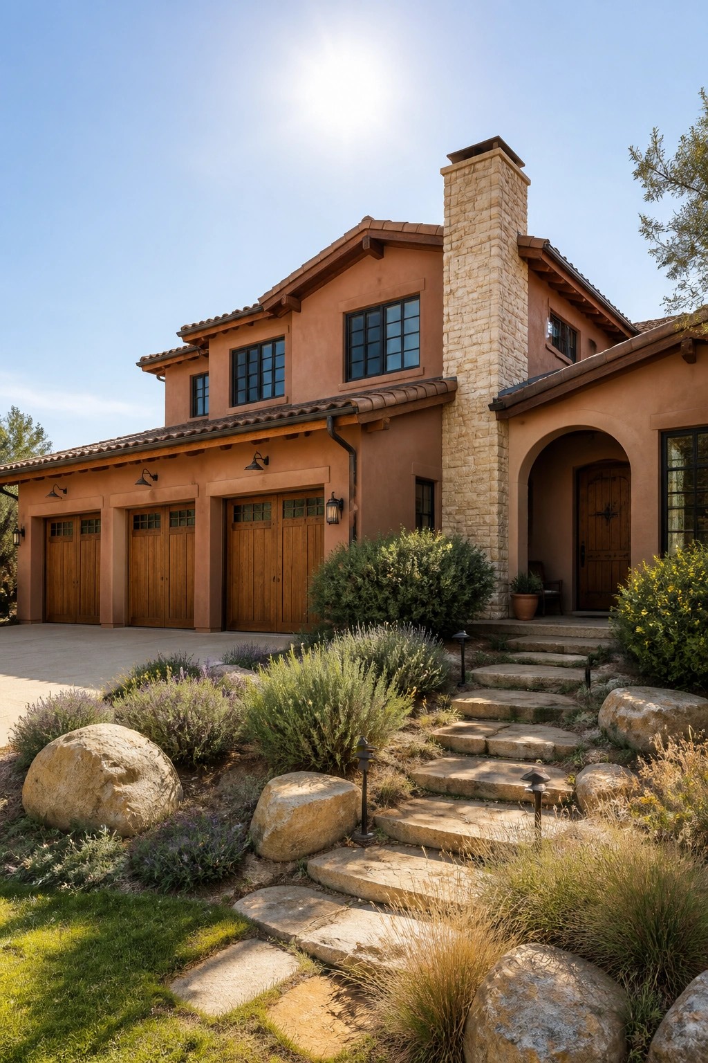 A two-story house with warm terracotta stucco walls, a stone chimney, wooden garage doors, and stone steps leading to the front entrance, surrounded by low landscaping and rocks.