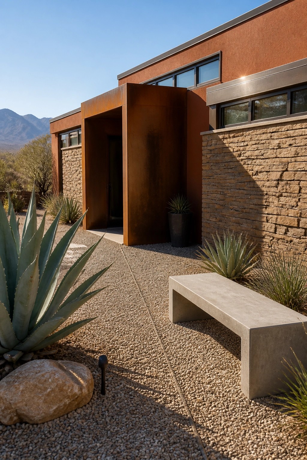 A modern house exterior with a large rusted metal entry portal, adjacent stone walls, gravel ground cover, agave plants, and a concrete bench under clear skies.