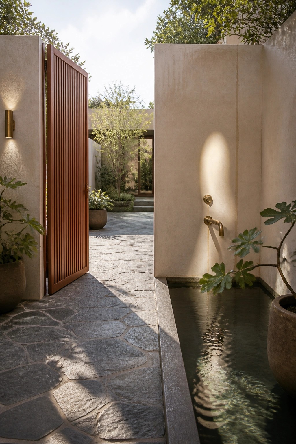 An open wooden gate next to a stone pathway leads into a courtyard with a narrow water channel and potted plants against a plaster wall.