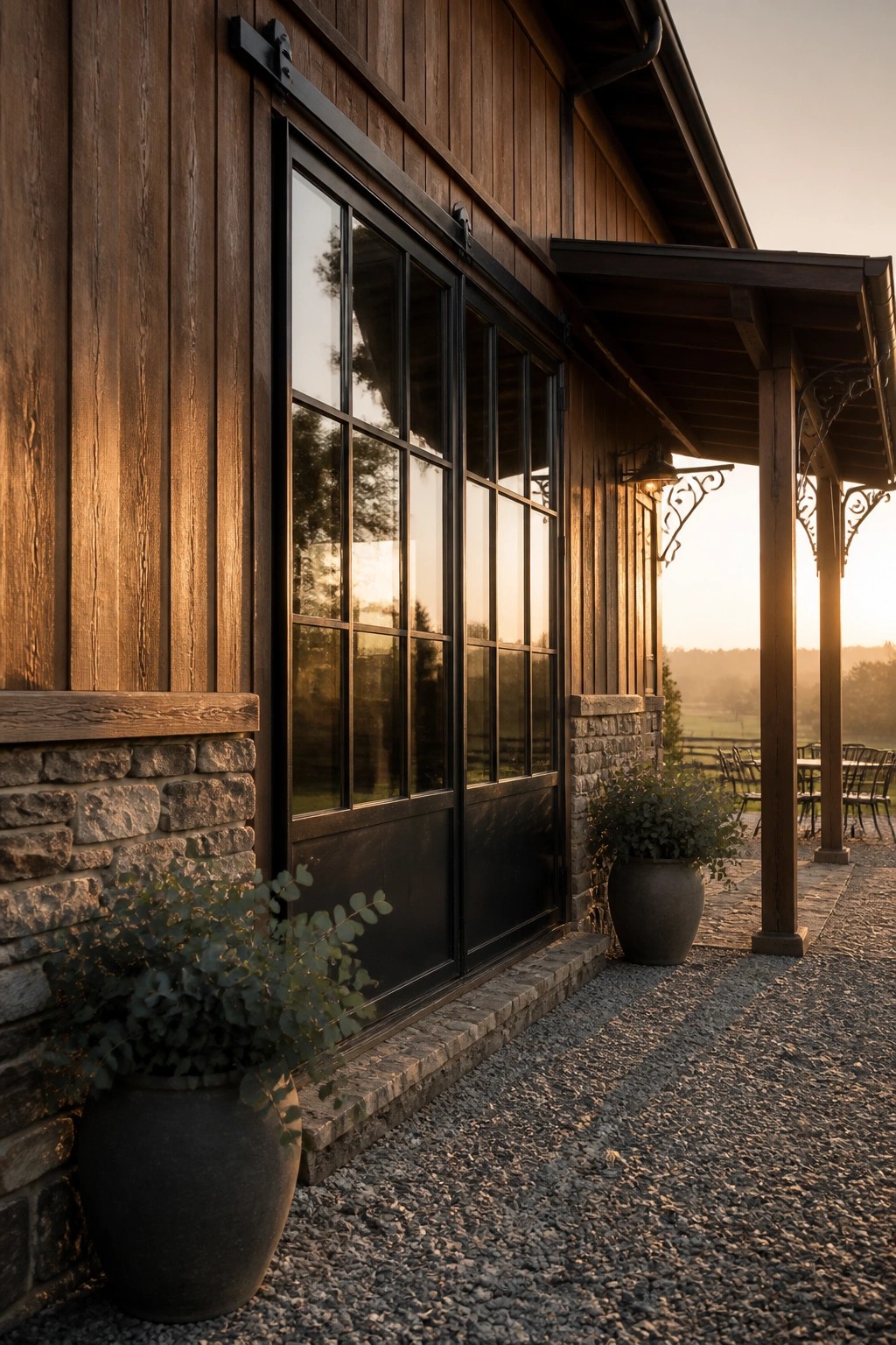 A wooden house exterior featuring vertical siding, a stone foundation, large black-framed sliding glass doors, potted plants, and a gravel path next to a covered porch.