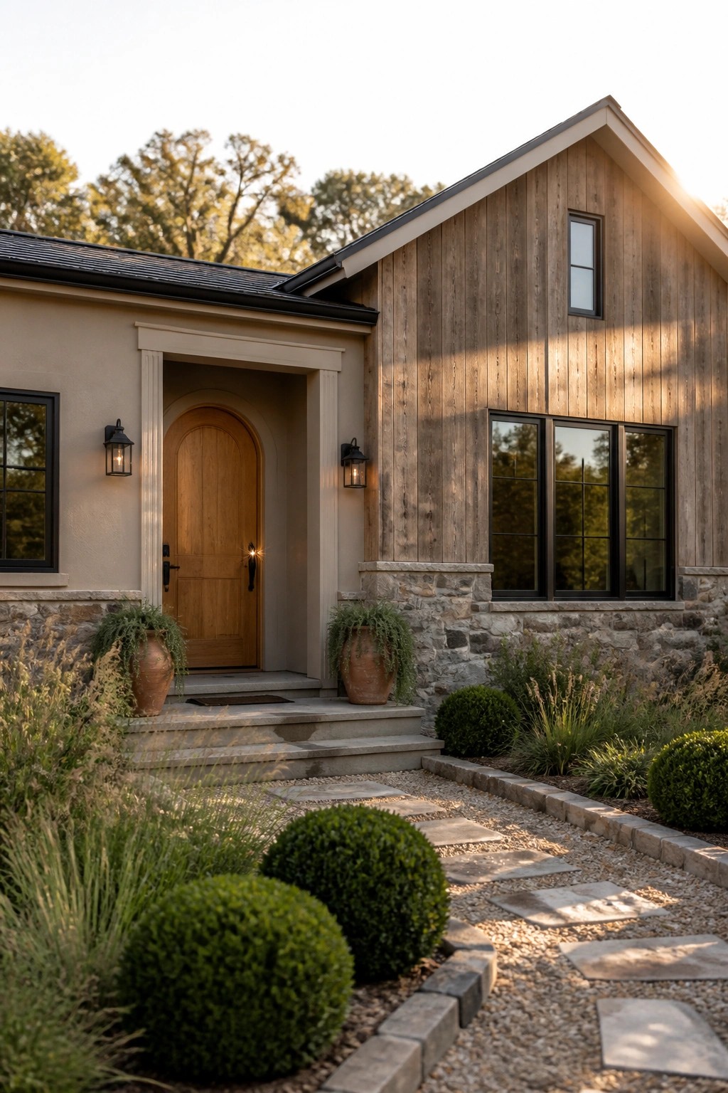 A house exterior with vertical wood siding, a stone foundation, an arched wood door, black-framed windows, and a gravel path lined with shrubs and terracotta pots.