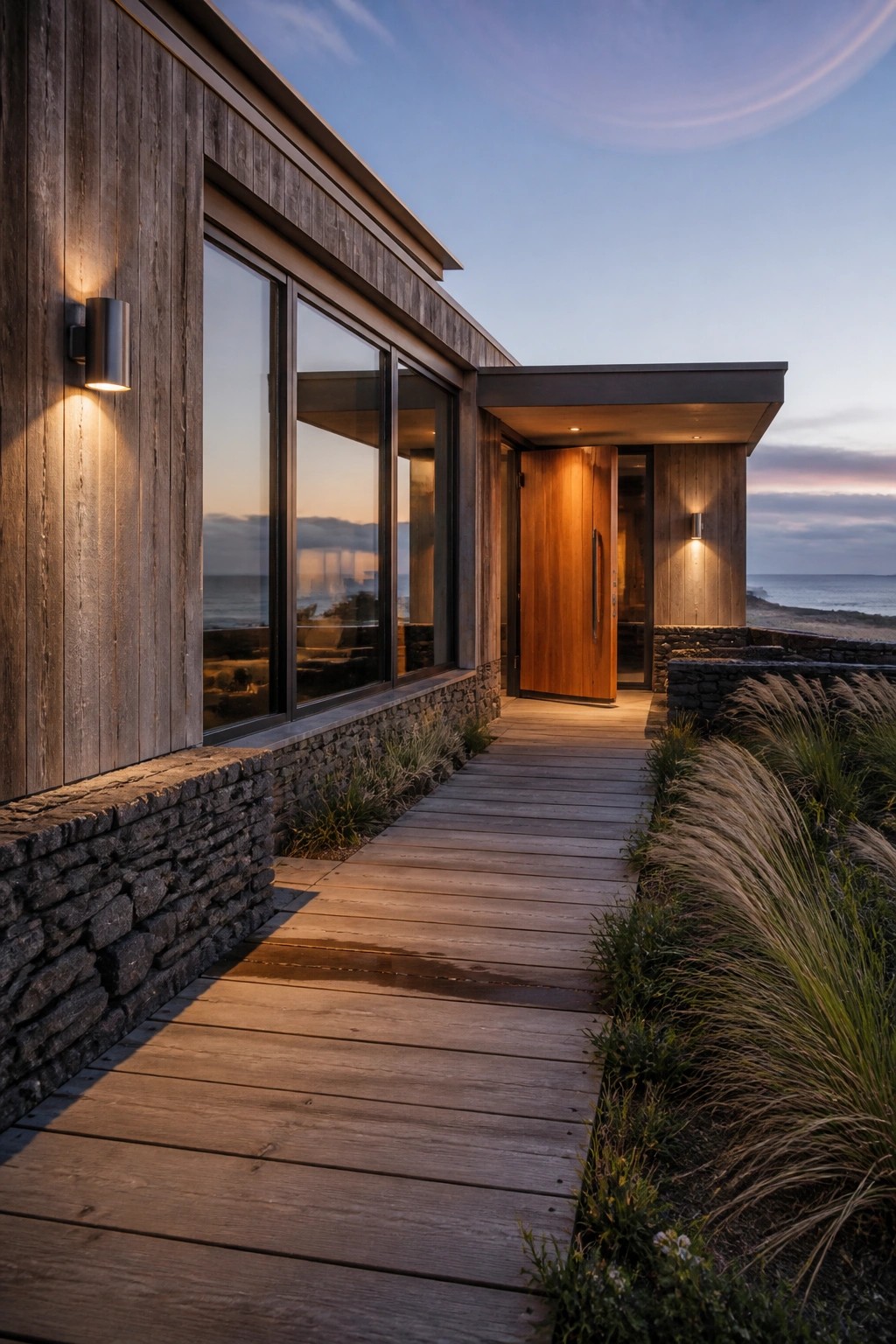 Modern coastal home with vertical wood siding, dark stone foundation, large windows, warm wood entry door, and wooden walkway at dusk.