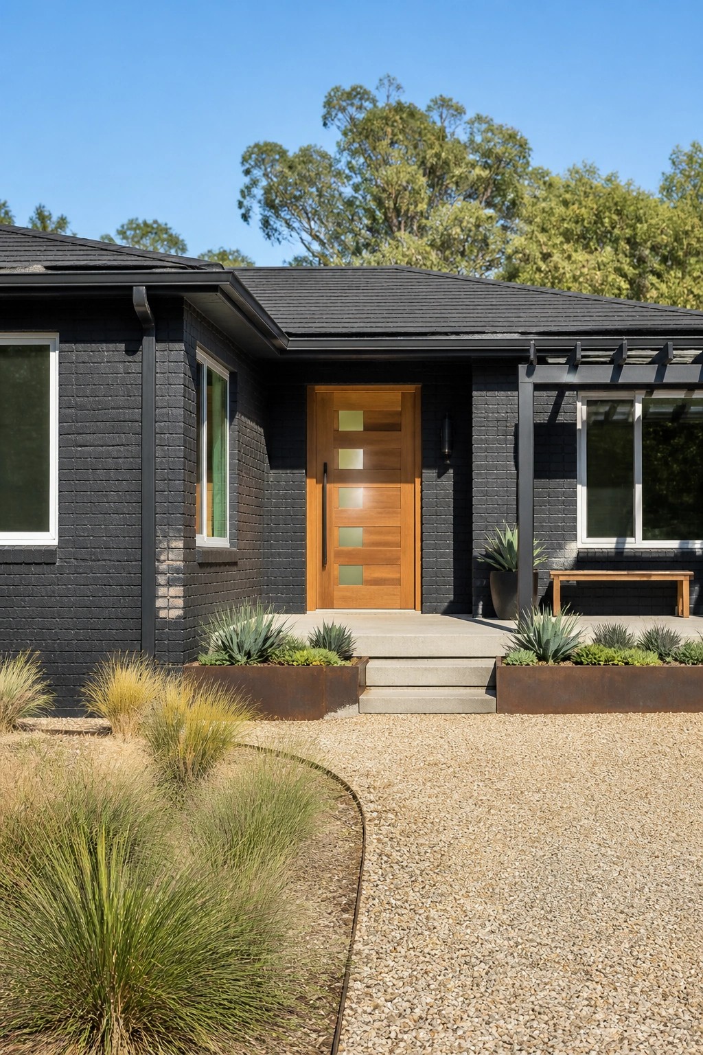 Front view of a single-story house with black painted brick, a centered wood front door with glass panels, and gravel landscaping.