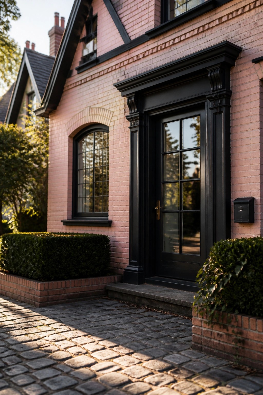 Pink brick house with black door, arched window, and cobblestone path.