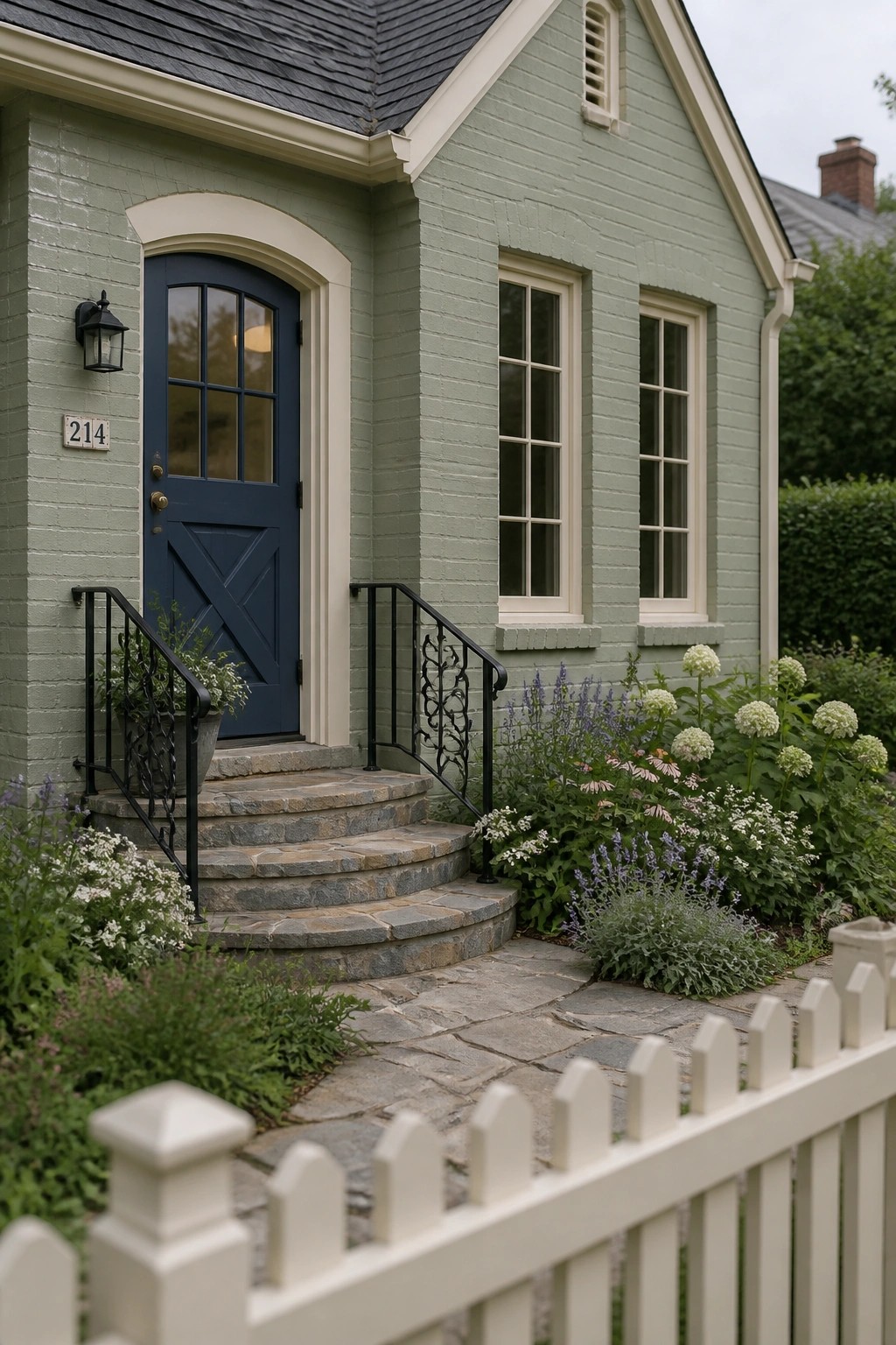 Light green brick house with navy door, stone steps, and flower garden.