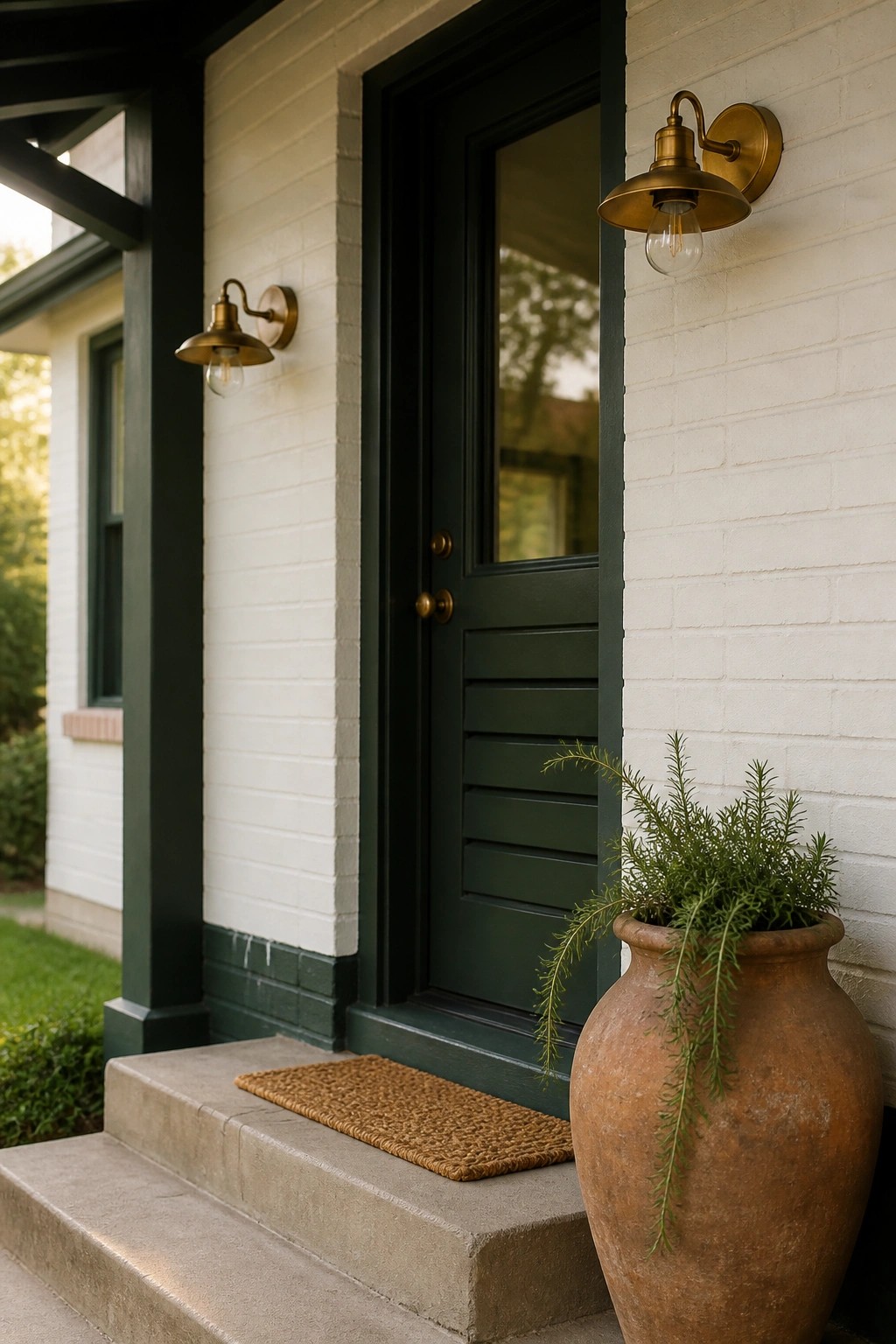 Front entrance of a white painted brick house featuring a dark green door and trim, two brass wall sconces, concrete steps with a doormat, and a large terracotta pot with greenery.