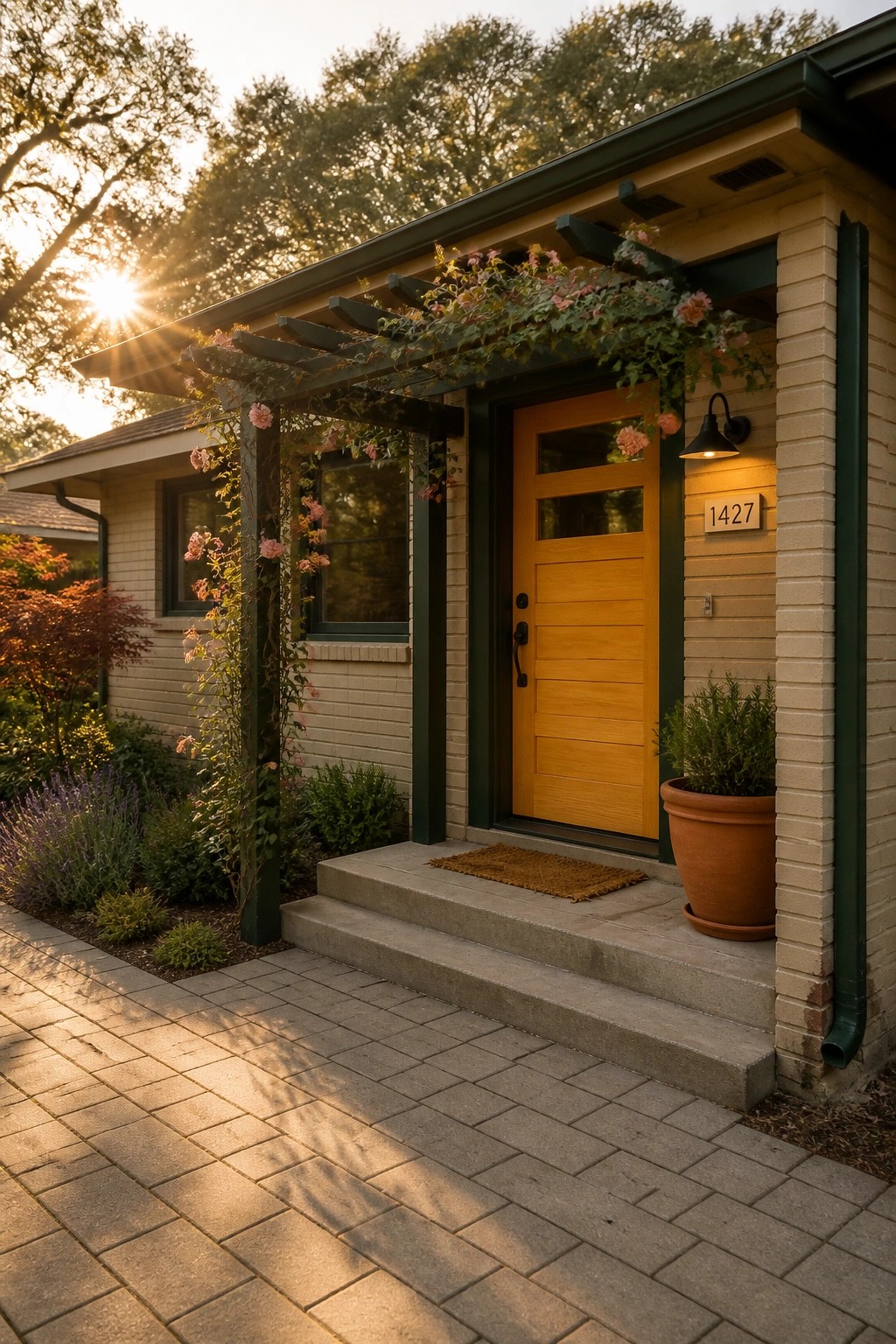 A light brick house with dark green trim, a wooden front door, concrete steps, and climbing roses on a pergola over the entry.
