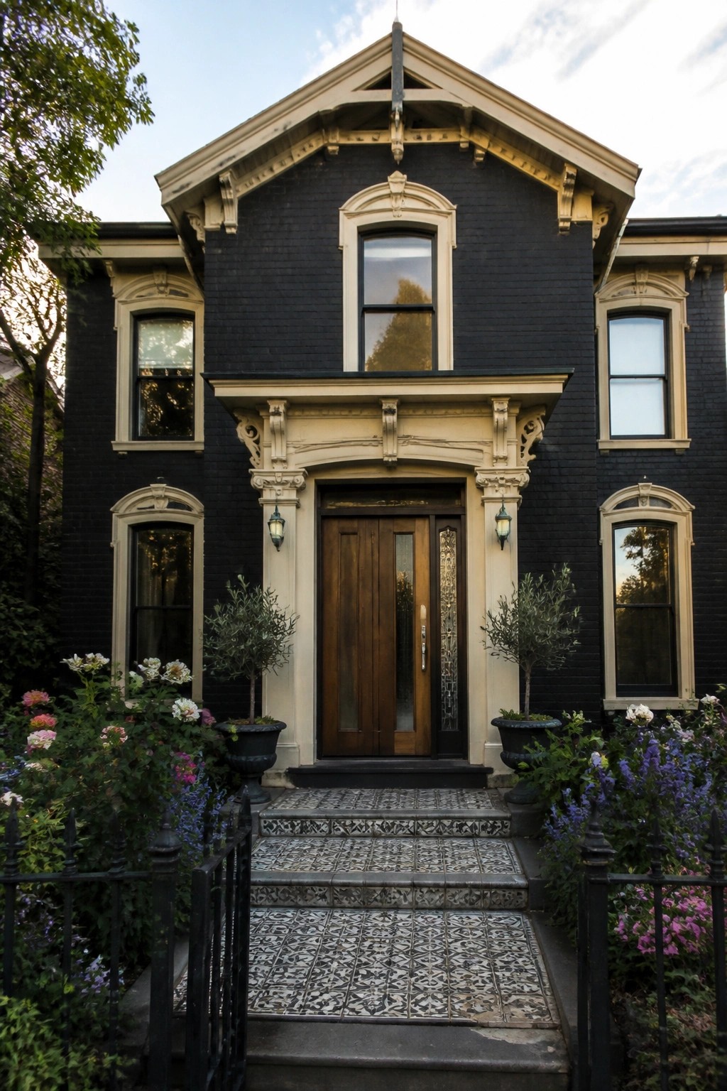 A front view of a two-story house with dark painted brick, light trim around the windows and door, and a wooden front door with patterned tile steps.