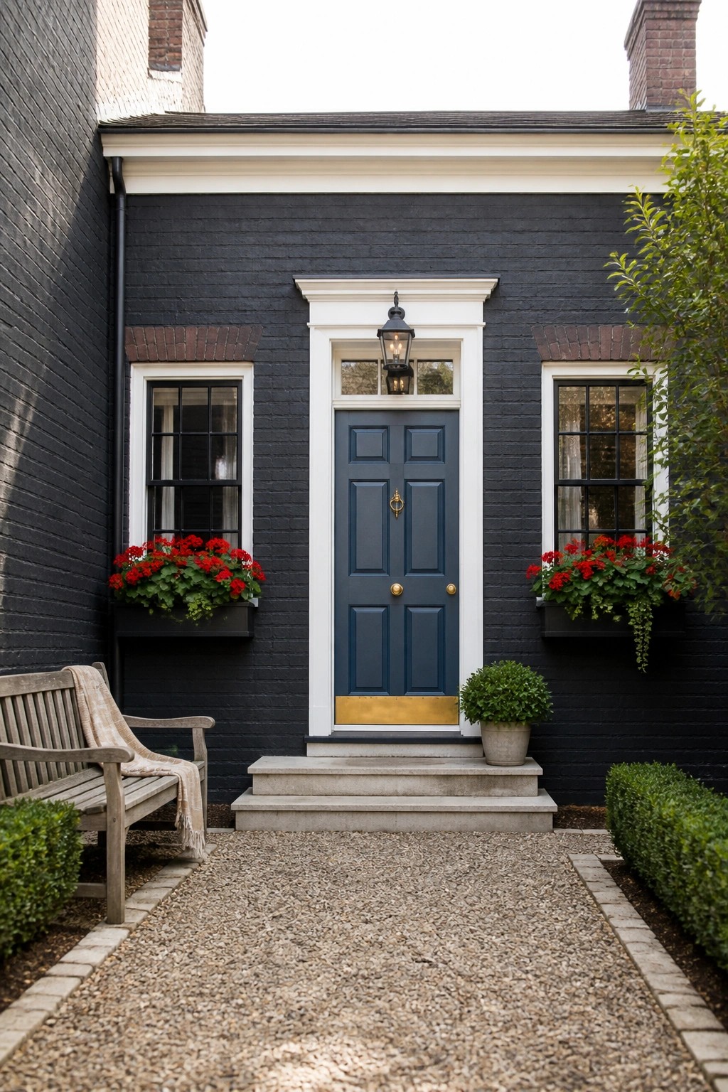 Dark blue door with white trim on black brick home, red flower boxes, stone steps