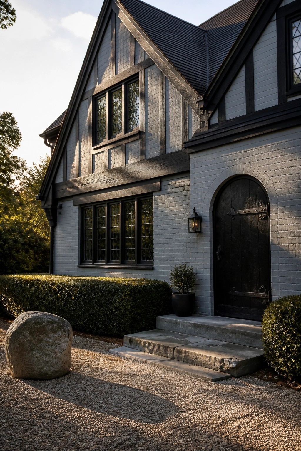 A two-story house exterior with light gray painted brick, dark wood trim, black multi-pane windows, and a black arched front door with stone steps.