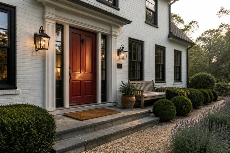 A white brick house exterior with black window trim, a red front door, stone steps, and a wooden bench on the porch.