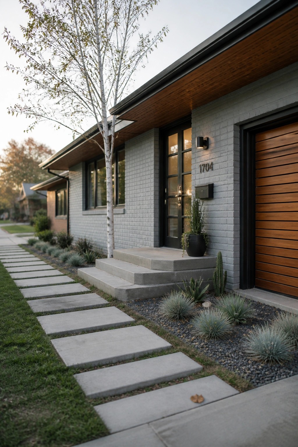 Front view of a house exterior featuring light gray painted brick, black trim and door, wood garage door, and concrete steps with a stone path.
