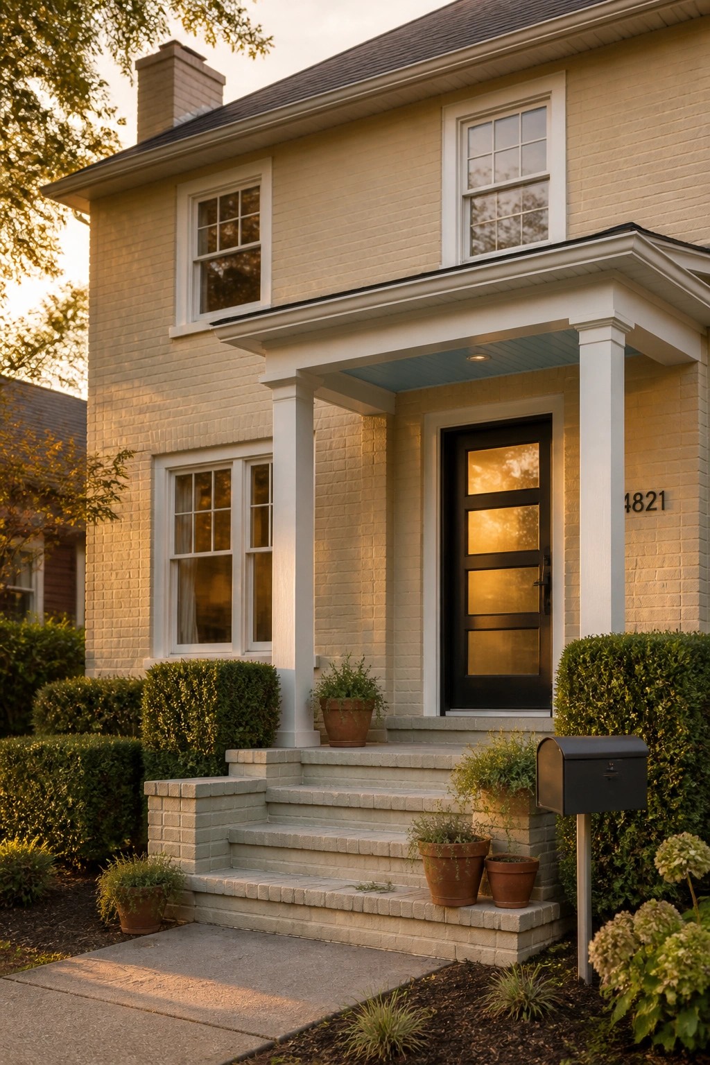A two-story light yellow painted brick house with a black front door, white trim and columns, concrete steps, and potted plants beside the entrance.