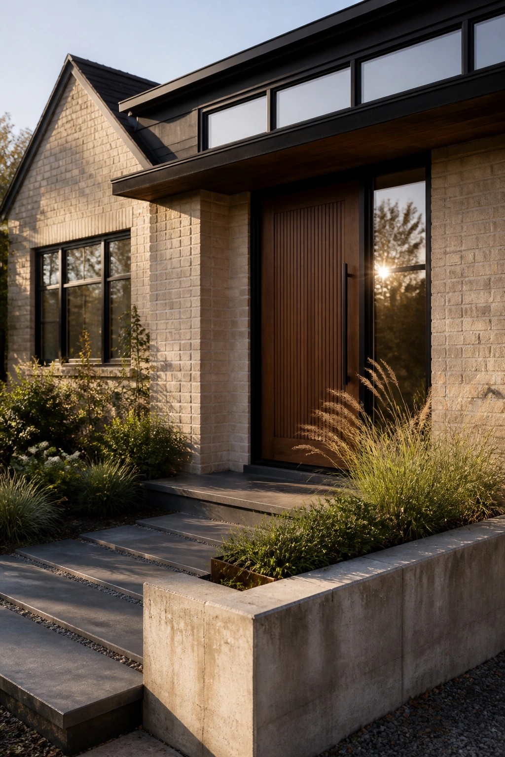 Modern brick home entrance with wooden door, concrete steps, and ornamental grasses.