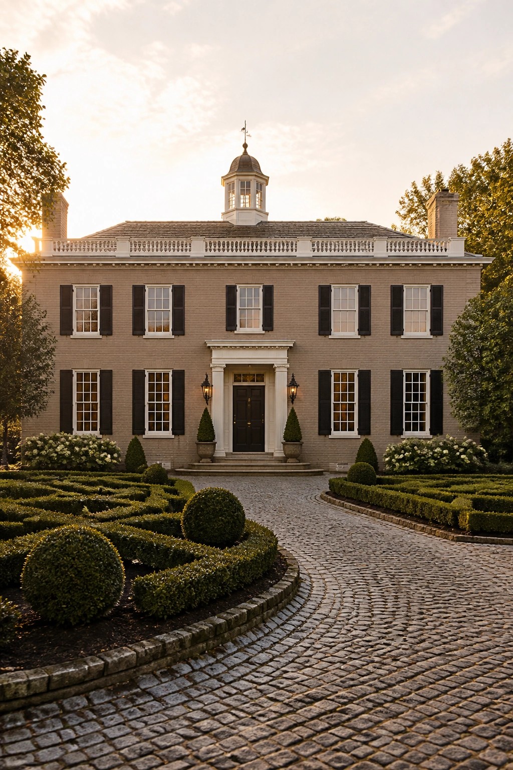 A two-story house with light gray painted brick, white trim, black shutters, a central cupola, and a cobblestone driveway lined with formal hedges.