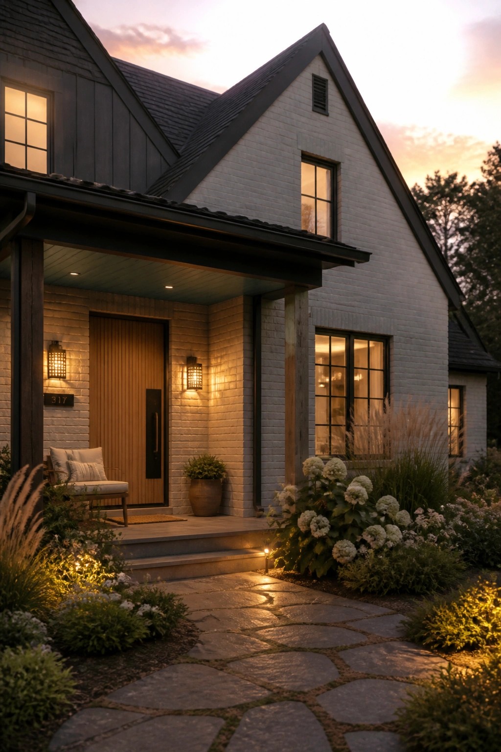 Front view of a two-story house with light painted brick, dark trim, a vertical wood front door, and a stone walkway at dusk.