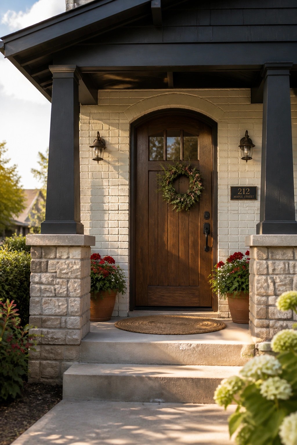 Front view of a house entrance featuring white painted brick, dark trim and columns, a wooden front door with a wreath, and stone porch pillars.