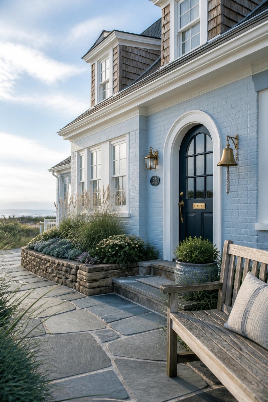 Light blue coastal house with navy door, wooden bench, stone path, and ocean view