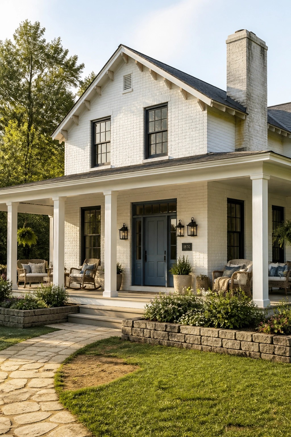 White brick house with blue door, covered porch, rocking chairs, and flower garden.