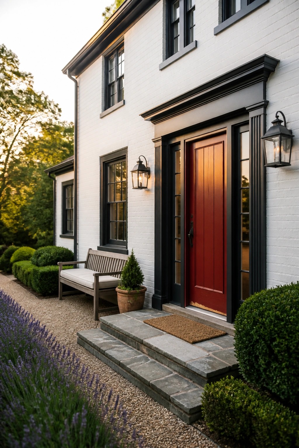 A white brick house exterior with black window trim, a red front door, stone steps, and a wooden bench on the porch.