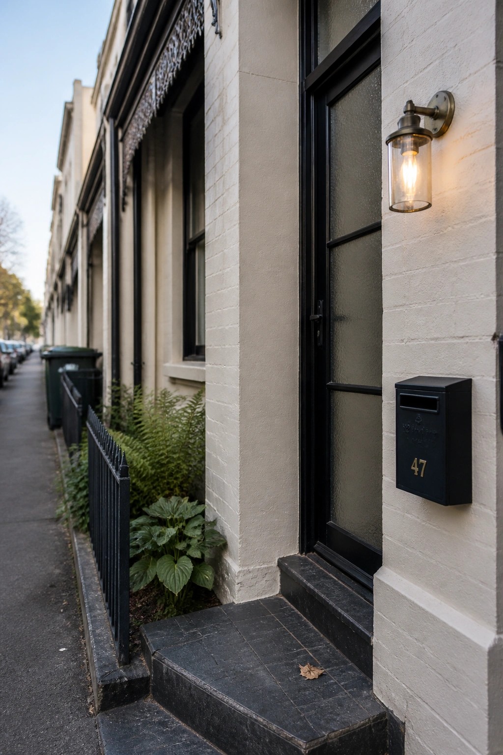 Close-up of a white painted brick house front with a black door, black mailbox numbered 47, and a wall light.