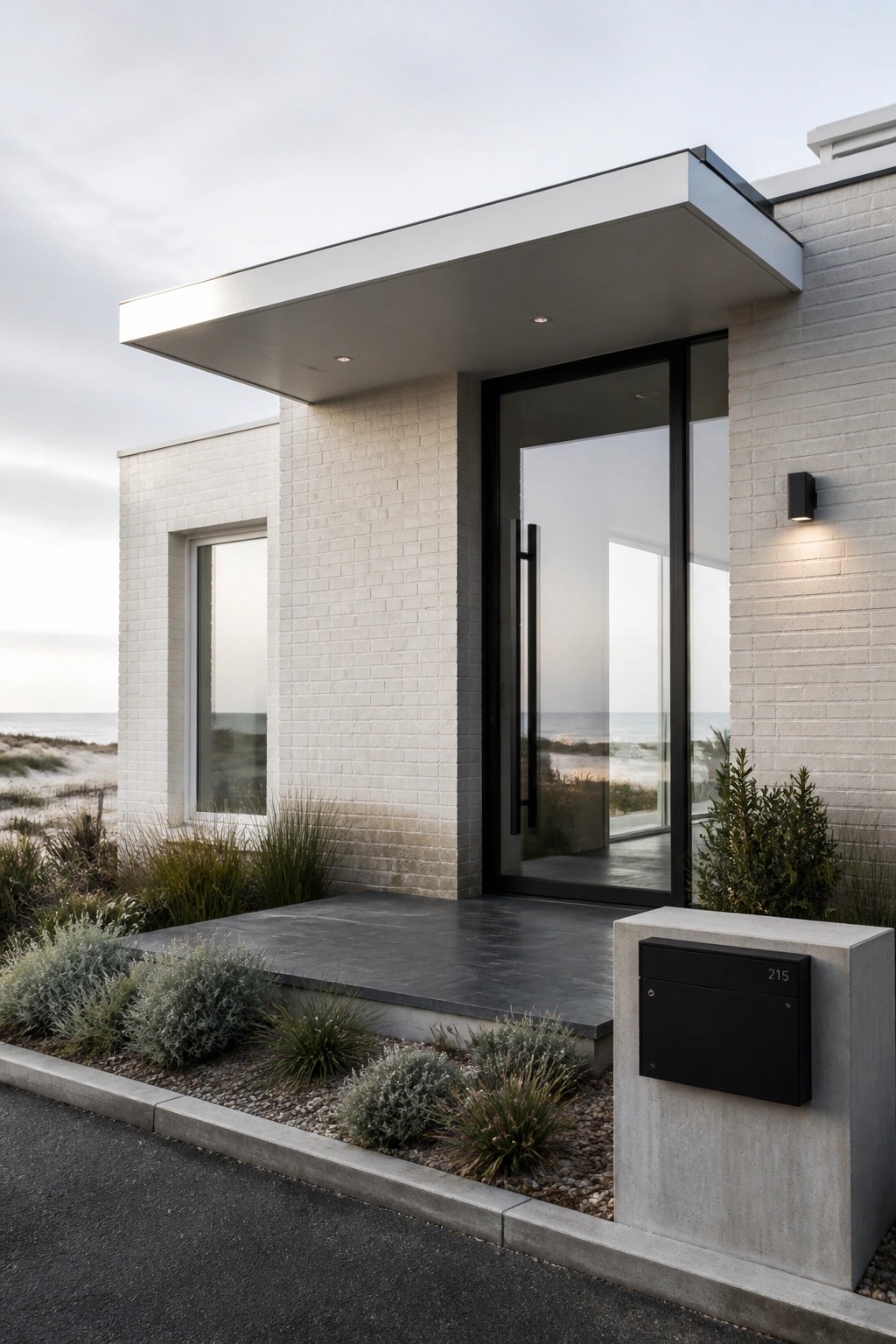 Modern white brick beach house entrance with glass door and ocean view