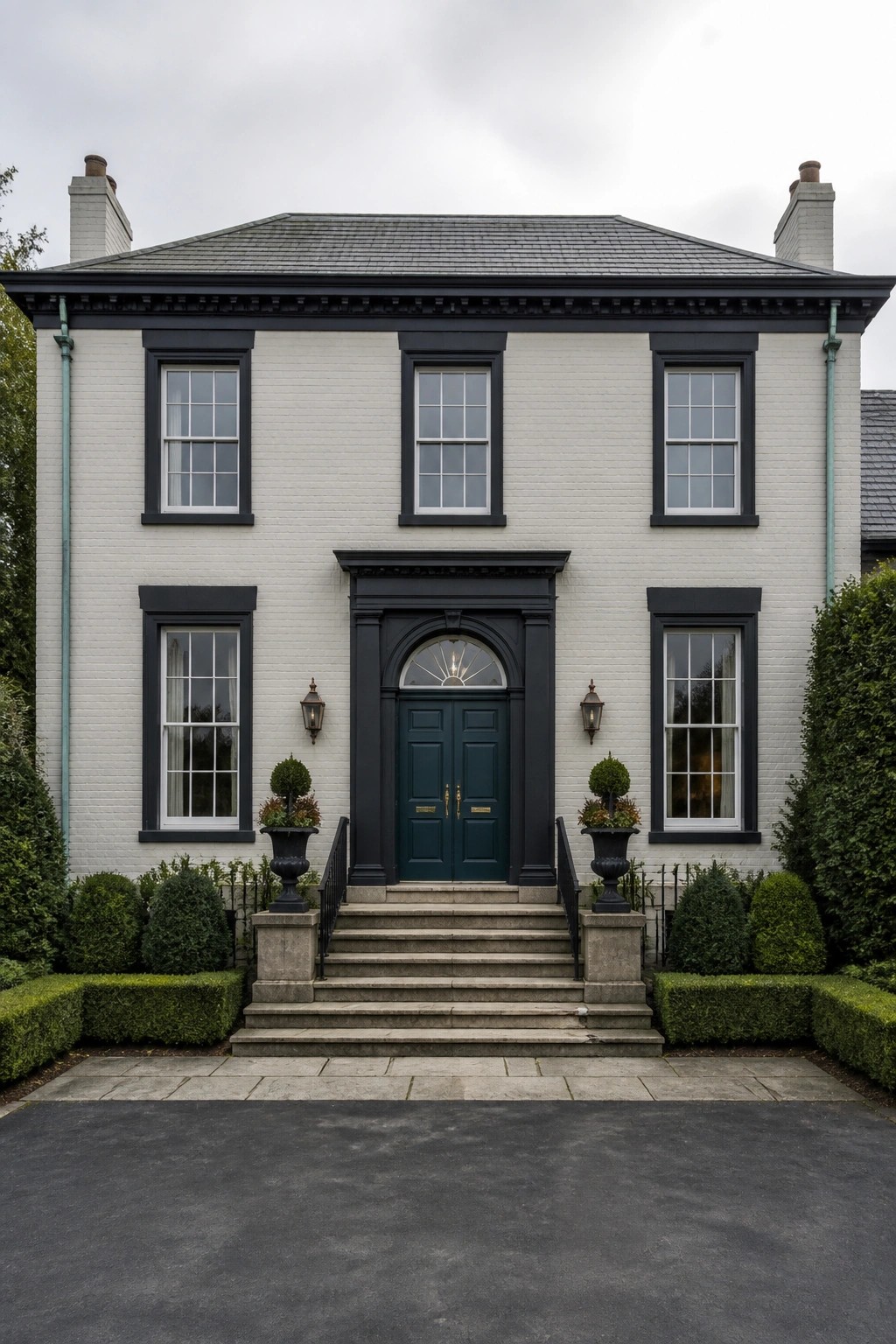 A two-story white brick house with black window trim, a dark green front door under a black surround, and stone steps leading to the entrance.