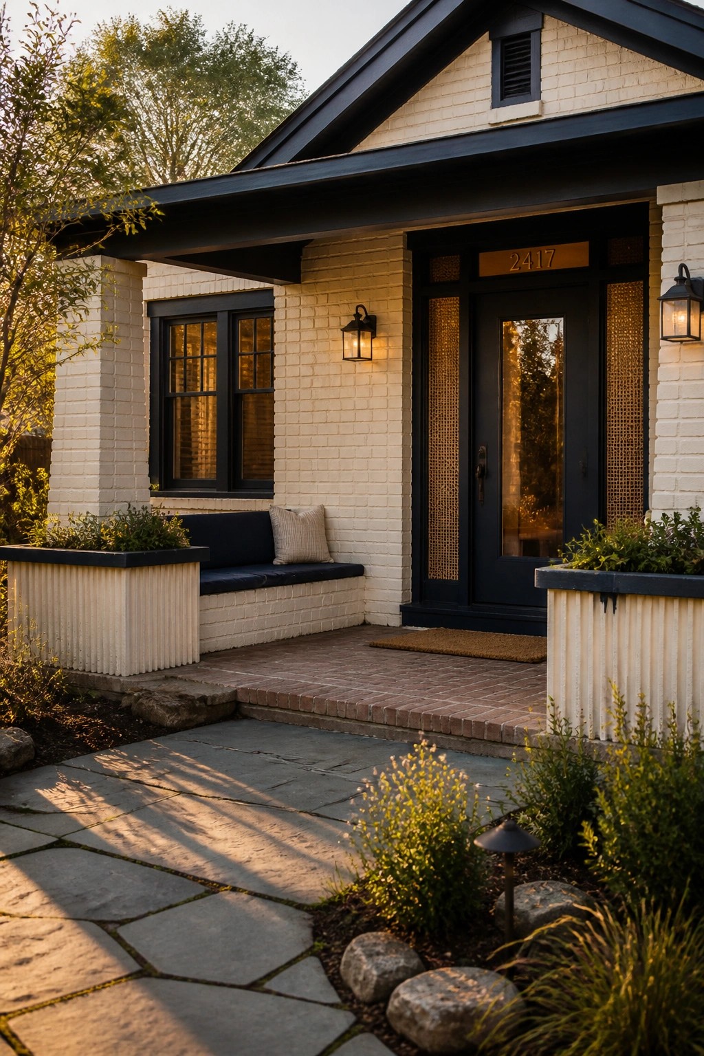 Front view of a white painted brick house with black trim, black windows, and a black front door under a covered porch with a built-in bench.