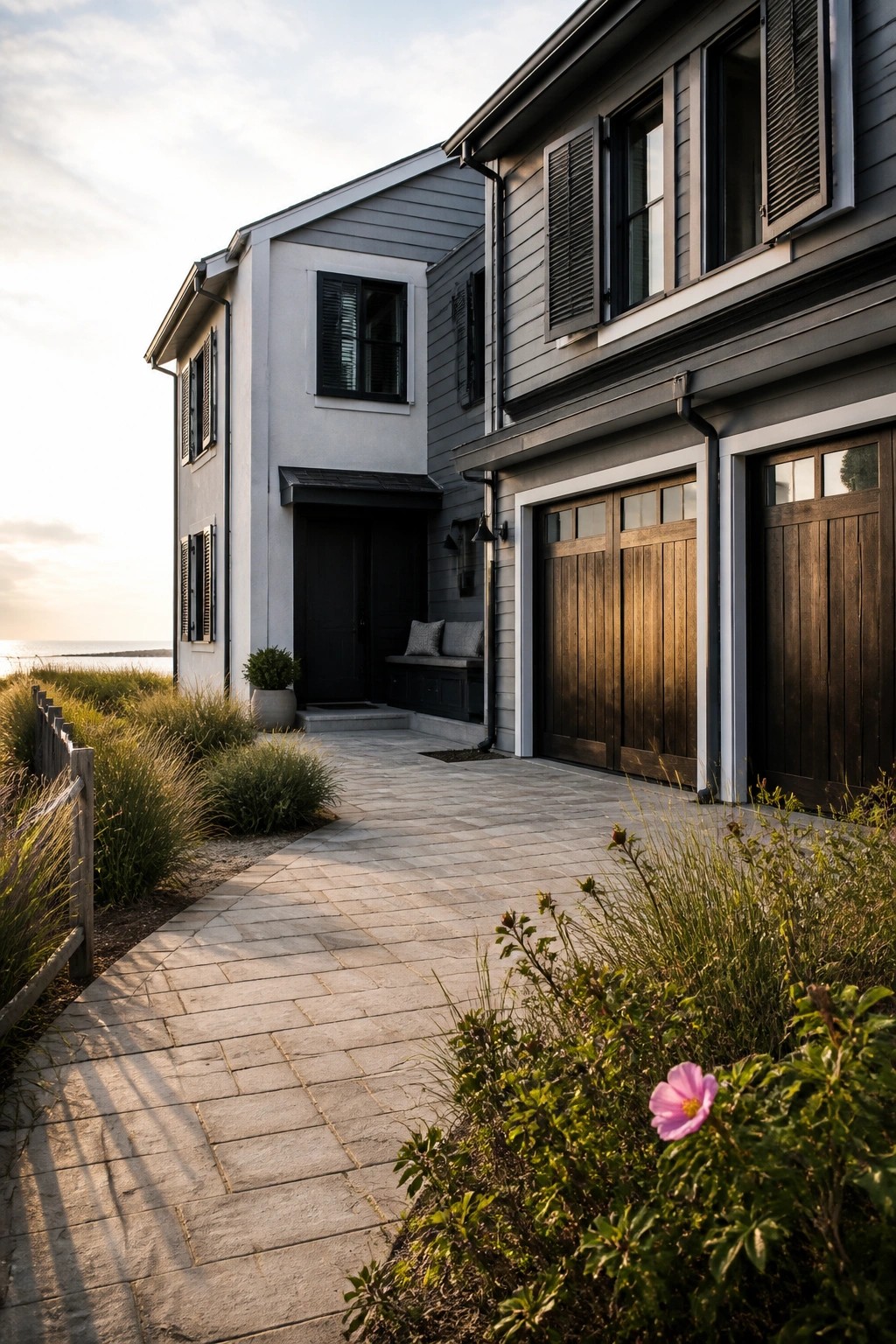 A two-story house with light gray and dark gray siding, black shutters, a black front door, and dark wood garage doors, viewed from a stone walkway with coastal grass in the foreground.