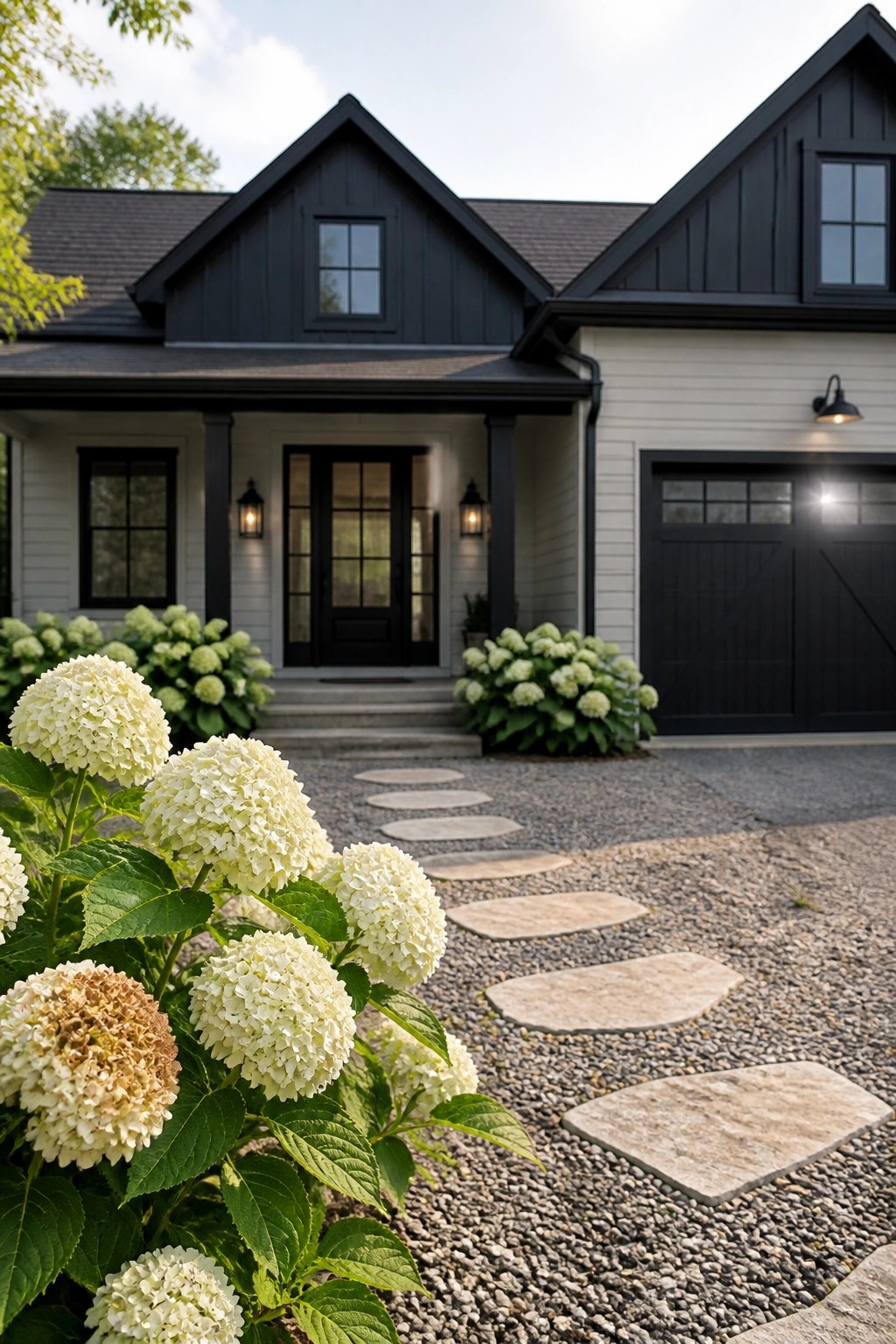 A front view of a modern house with black gables and trim, light siding, a black front door, black garage door, and a gravel path with stepping stones lined by white hydrangeas.