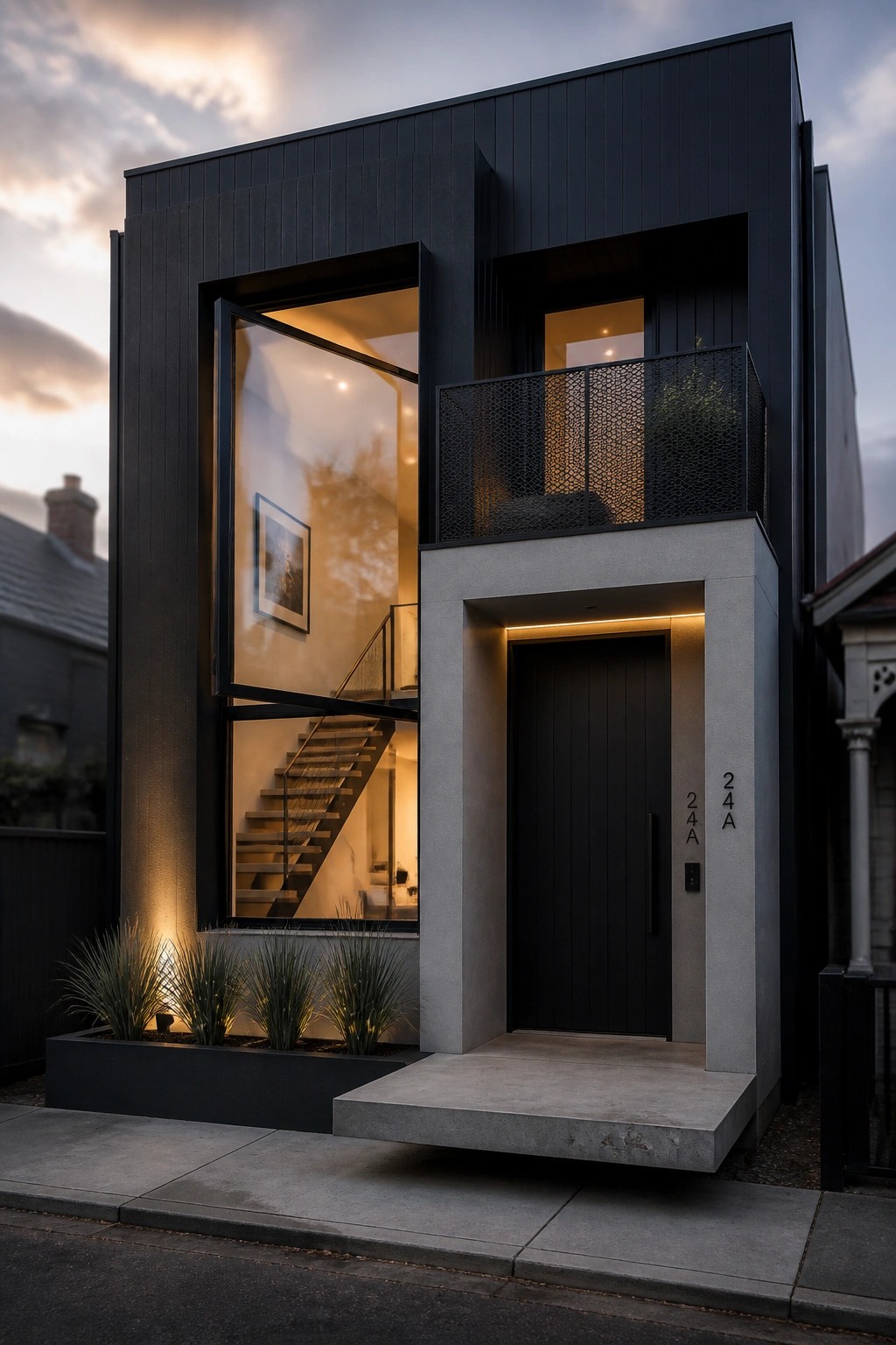 A modern two-story house with black vertical siding, a large glass window revealing an interior staircase, and a gray concrete entry with a black door and the number 24A.