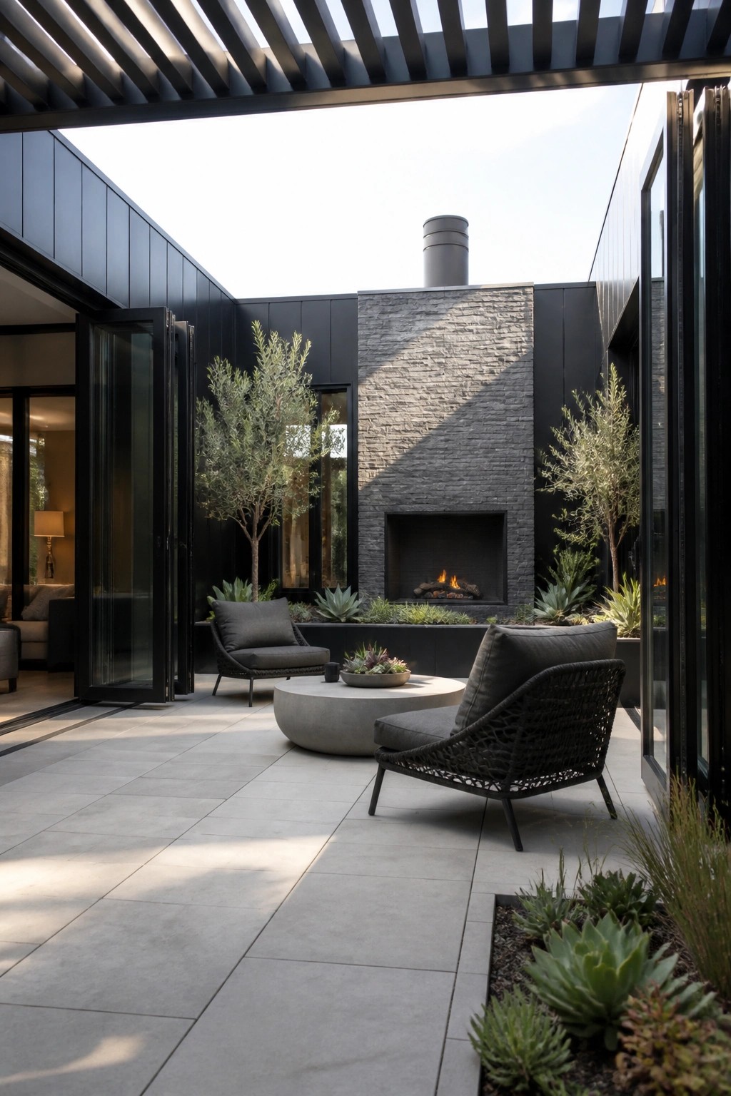 A modern outdoor patio with black walls, a gray stone fireplace, woven lounge chairs, a round concrete table, and surrounding plants.