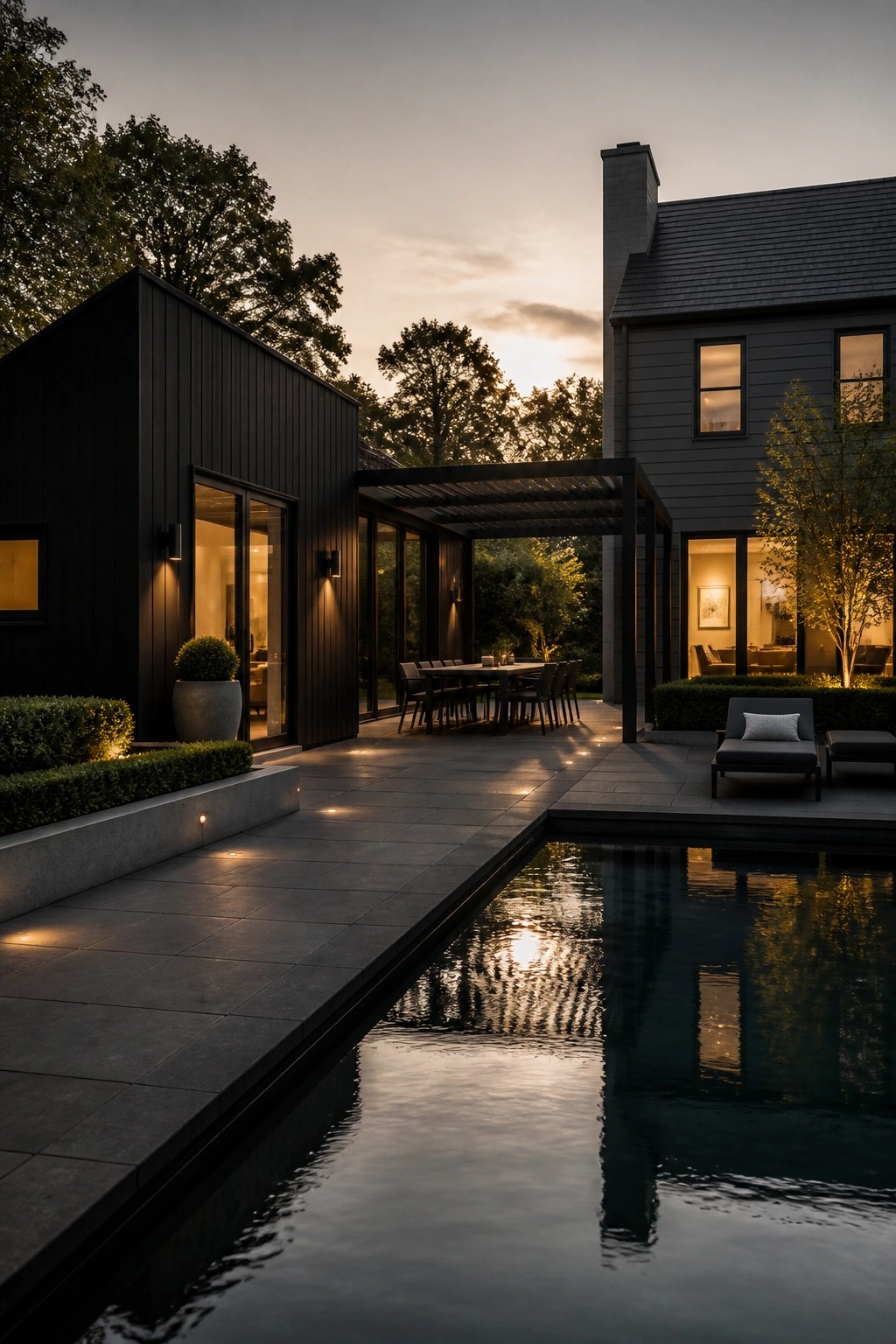 A modern house with black and gray siding has a large stone patio with a dining table and lounge chairs beside a long rectangular pool at dusk.