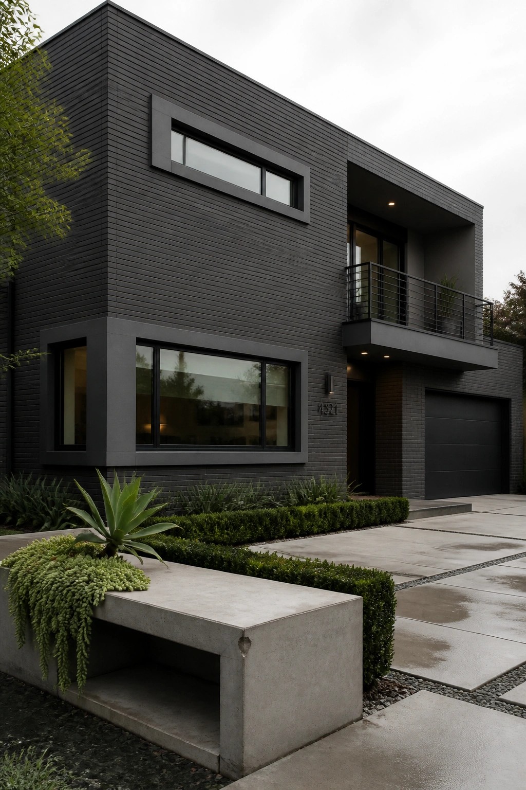 A modern two-story house clad in dark gray horizontal siding with black window frames, a second-floor balcony, and a dark garage door, shown from the front with a concrete bench and plants in the foreground.