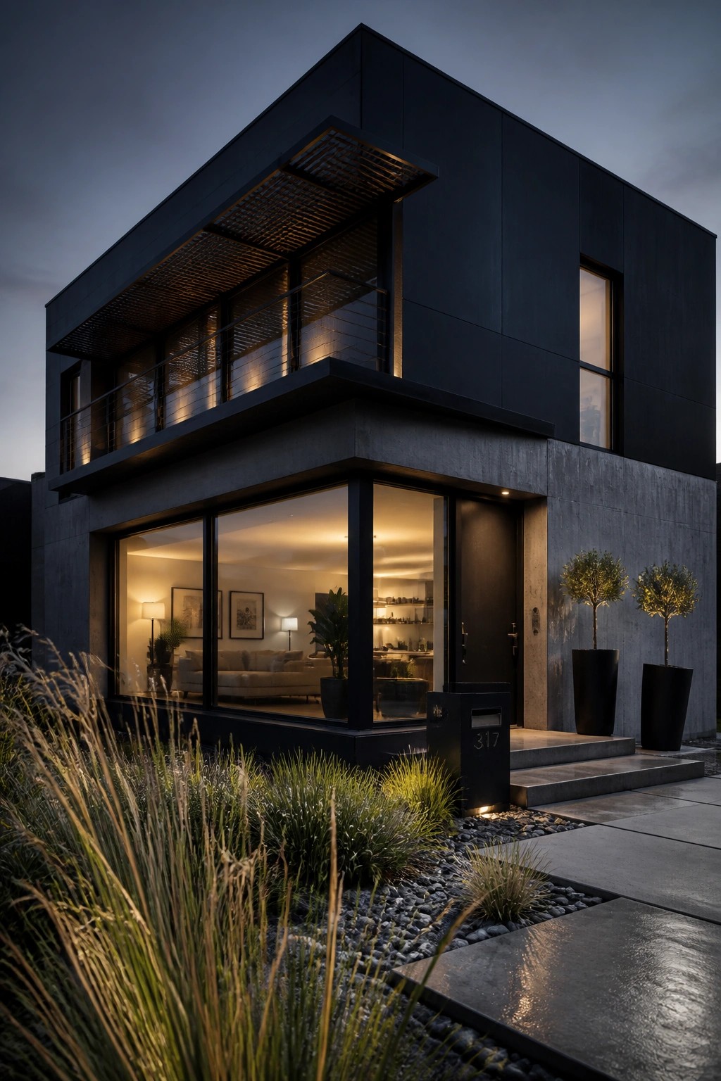 A modern two-story house at dusk with a black upper facade, gray concrete lower level, large illuminated windows, and a dark front door.