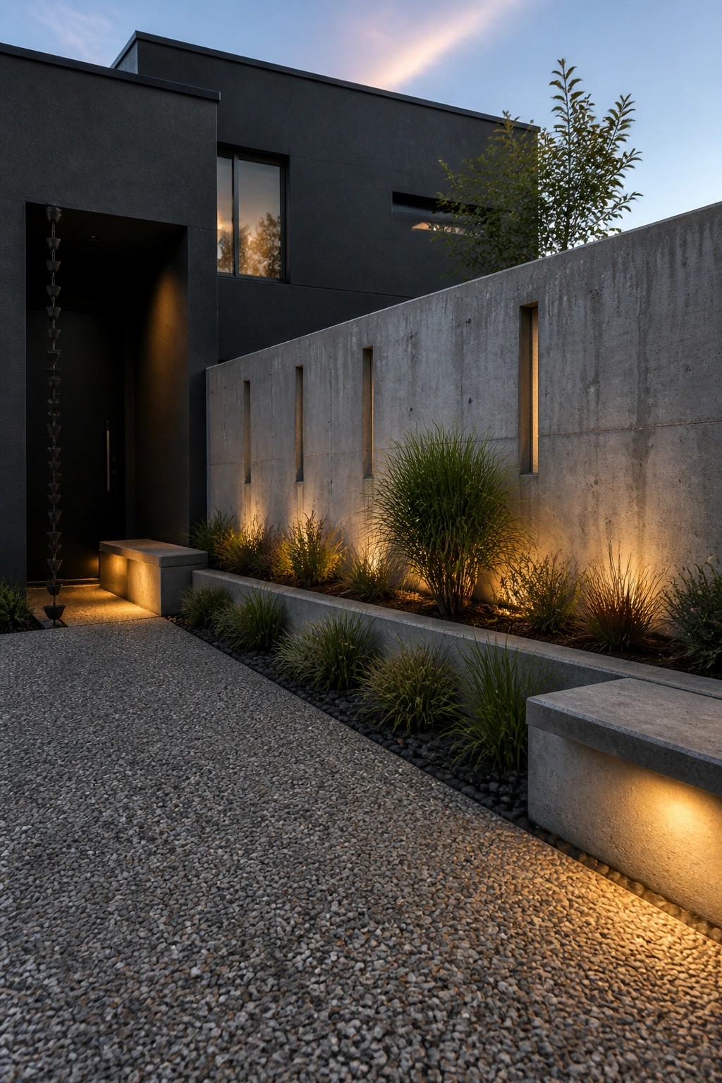 Modern home exterior with black building sections next to a long gray concrete wall, gravel path, and low landscape lighting on plants.