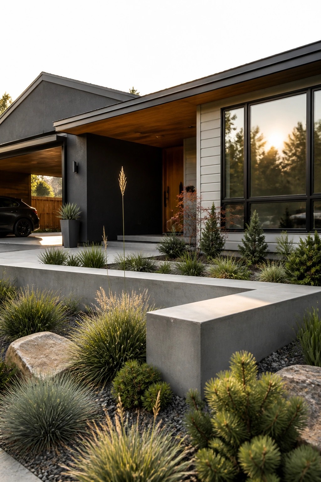 A modern house exterior featuring dark gray and black siding, a wood-ceiling entry porch, large black-framed windows, and front landscaping with concrete borders and gravel beds.