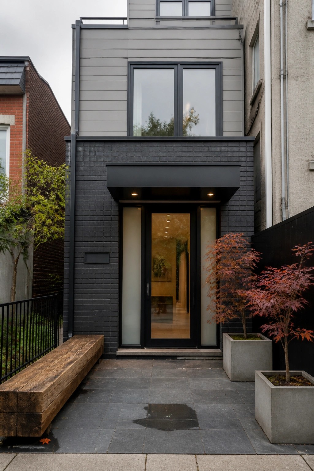 Modern two-story home with black brick on the lower facade, gray siding above, and a black-framed glass entry door under a black overhang.