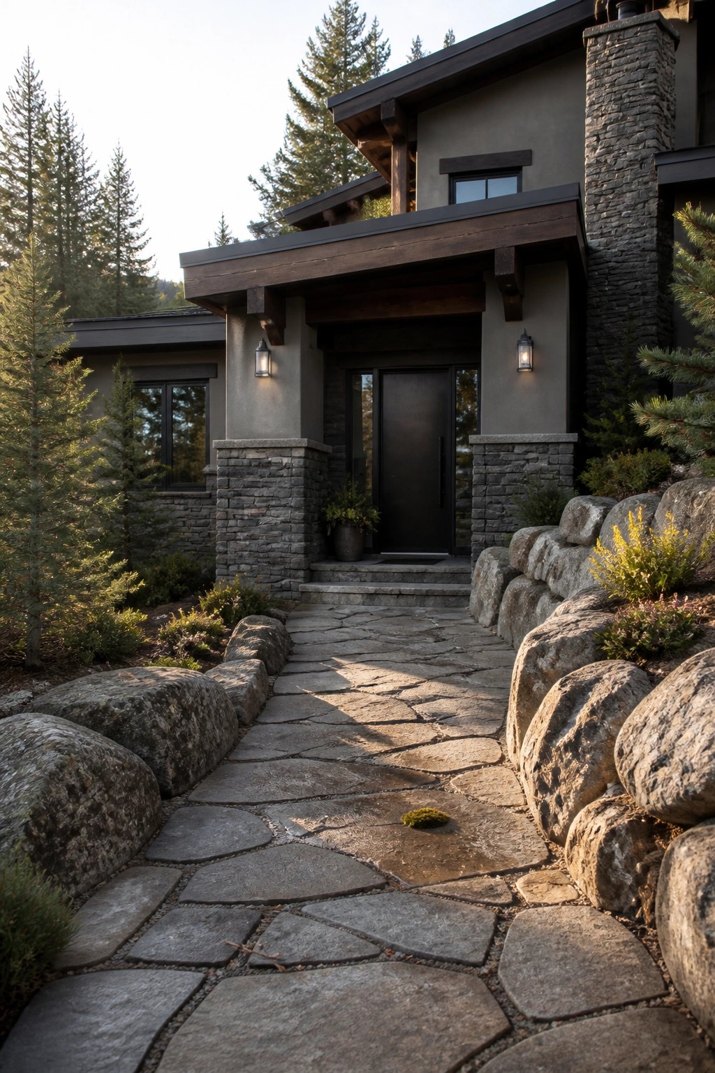 Stone pathway leads to modern house with black door and stone pillars.