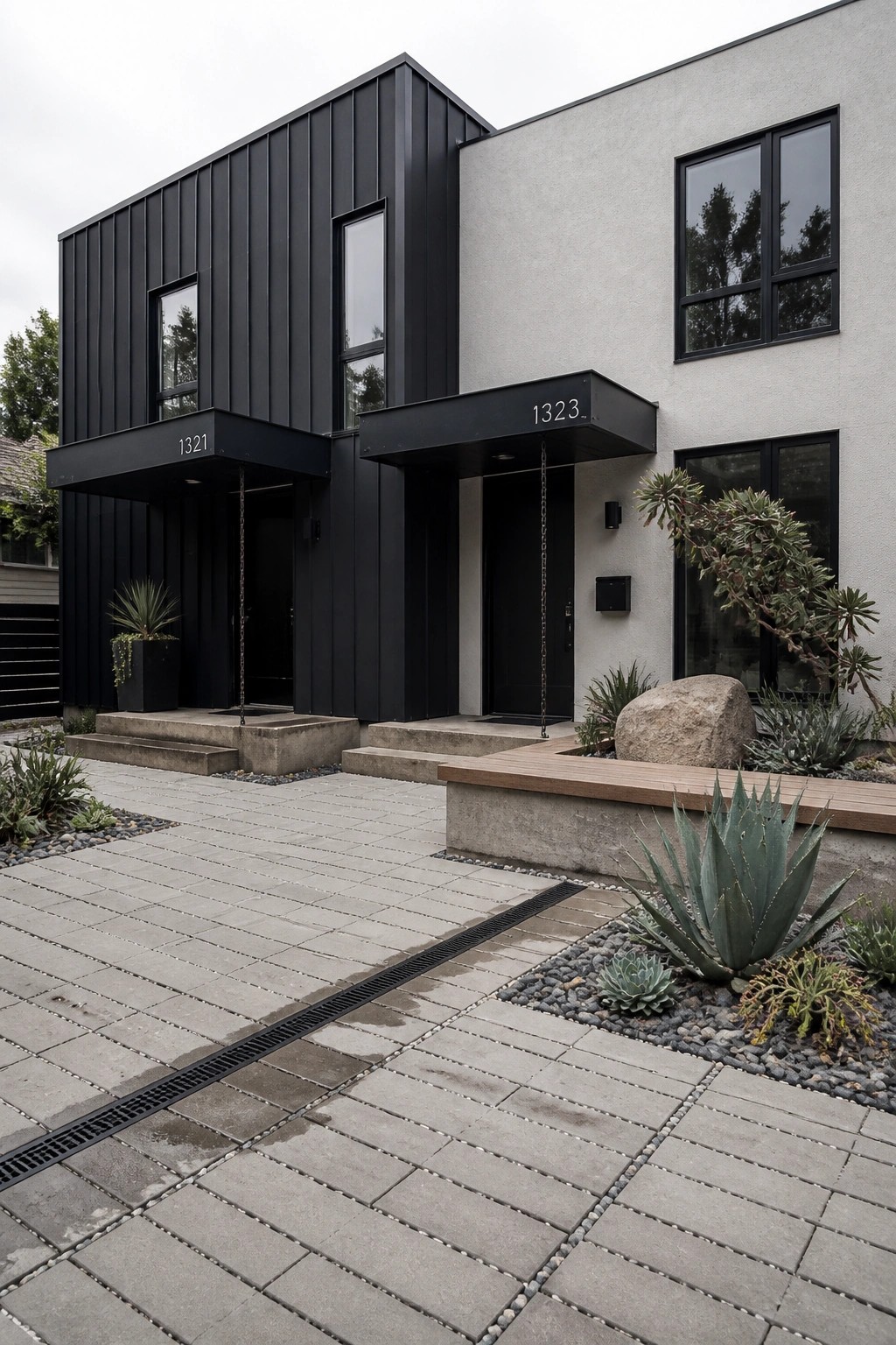 Modern two-story home exterior with black vertical metal siding on the left section and light gray stucco on the right, black-framed windows, black doors, and concrete steps.